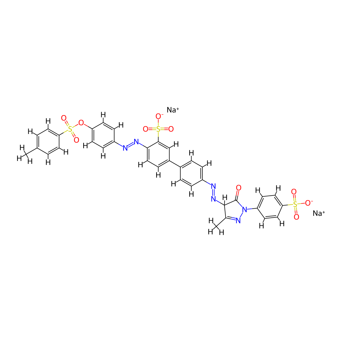 [1,1'-Biphenyl]-3-sulfonic acid, 4'-[2-[4,5-dihydro-3-methyl-5-oxo-1-(4-sulfophenyl)-1H-pyrazol-4-yl]diazenyl]-4-[2-[4-[[(4-methylphenyl)sulfonyl]oxy]phenyl]diazenyl]-, sodium salt (1:2) molecular structure, CAS 15792-50-4