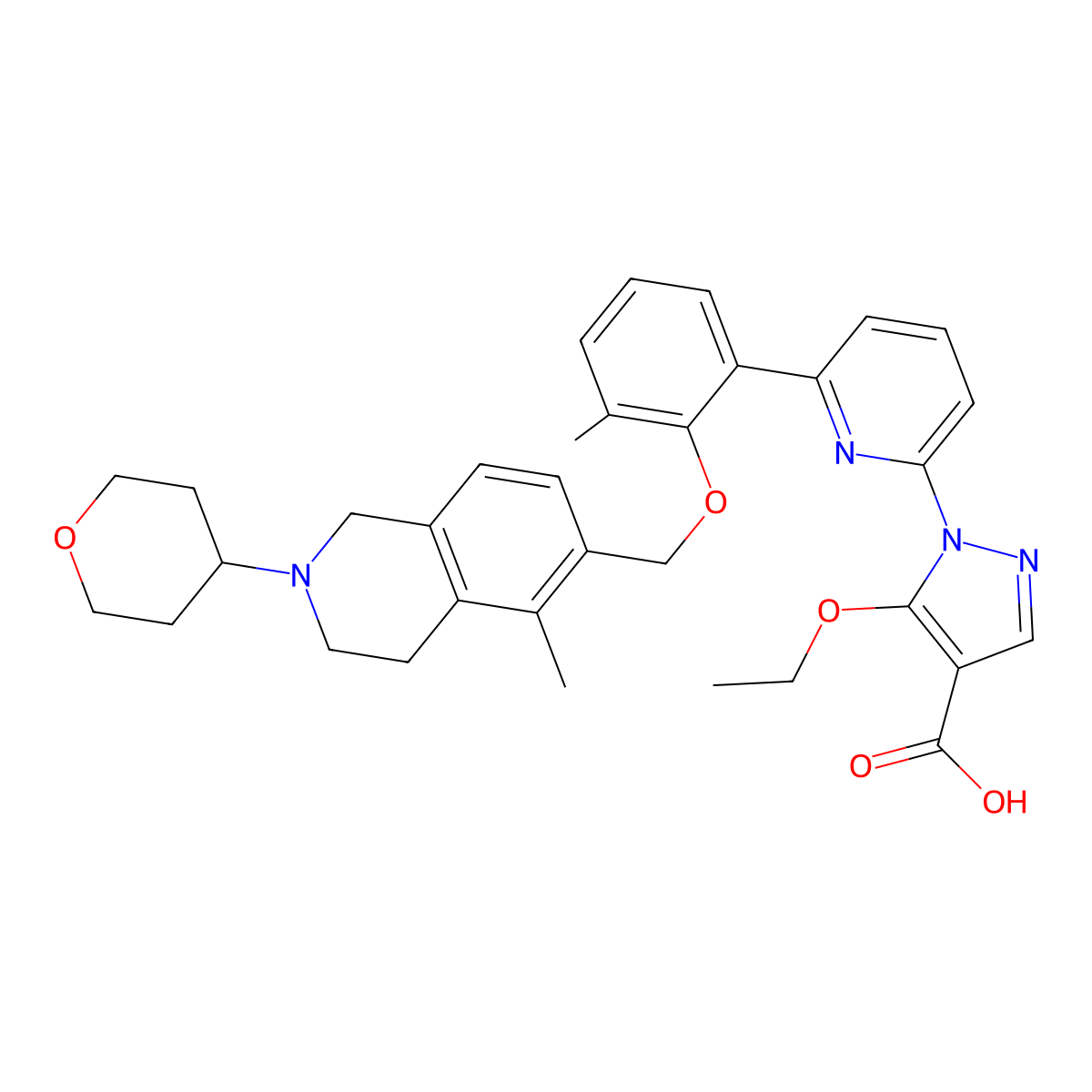5-Ethoxy-1-(6-(3-methyl-2-(5-methyl-2-(tetrahydro-pyran-4-yl)-1,2,3,4-tetrahydro-isoquinolin-6-ylmethoxy)-phenyl)-pyridin-2-yl)-1H-pyrazole-4-carboxylic acid molecular structure, CAS 1579514-06-9