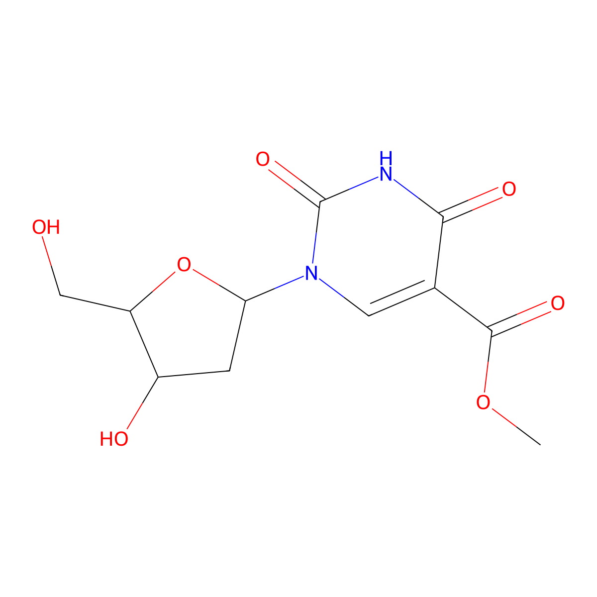 methyl 1-((2R,4S,5R)-4-hydroxy-5-(hydroxymethyl)tetrahydrofuran-2-yl)-2,4-dioxo-1,2,3,4-tetrahydropyrimidine-5-carboxylate molecular structure, CAS 158021-27-3