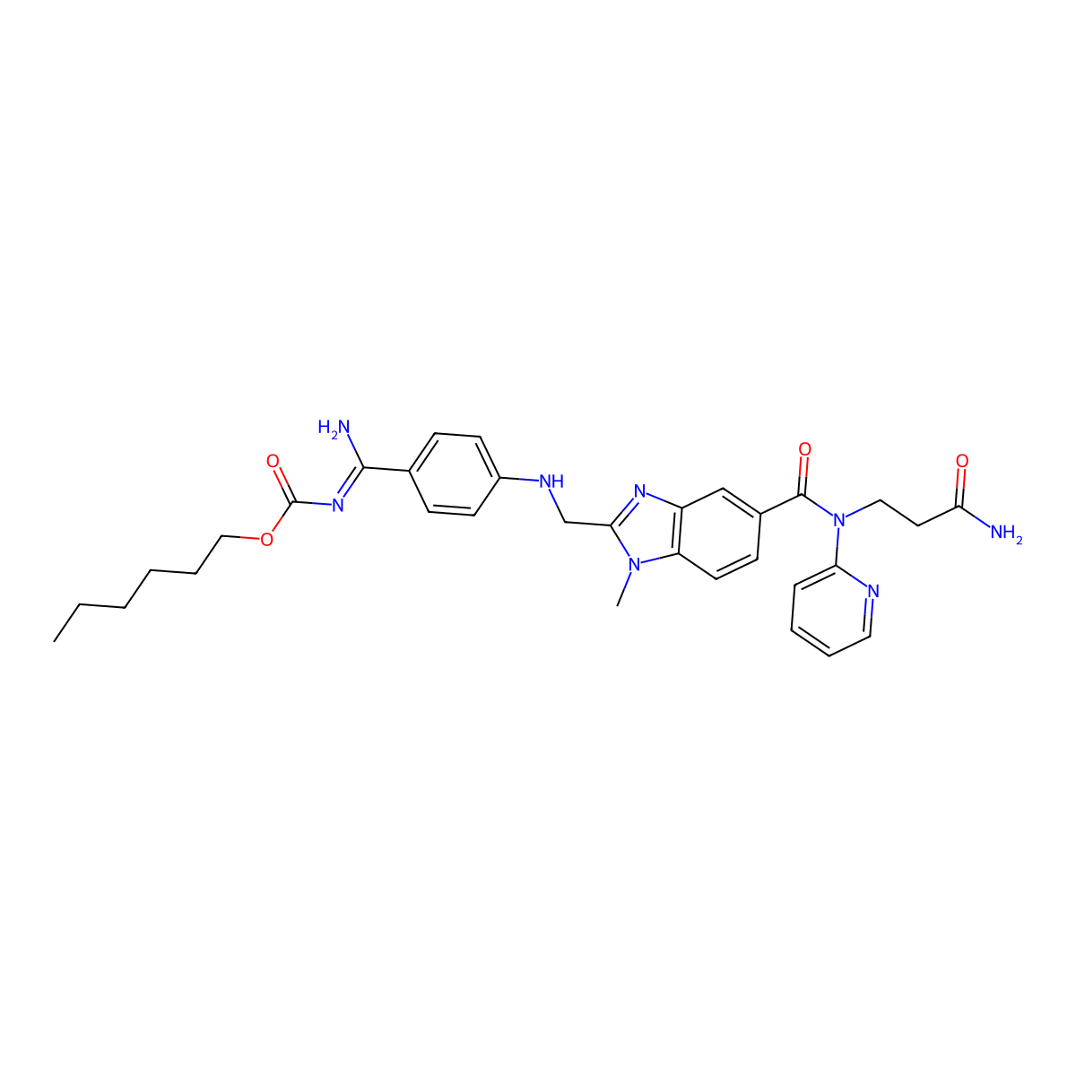 hexyl (NZ)-N-[amino-[4-[[5-[(3-amino-3-oxopropyl)-pyridin-2-ylcarbamoyl]-1-methylbenzimidazol-2-yl]methylamino]phenyl]methylidene]carbamate molecular structure, CAS 1580491-16-2