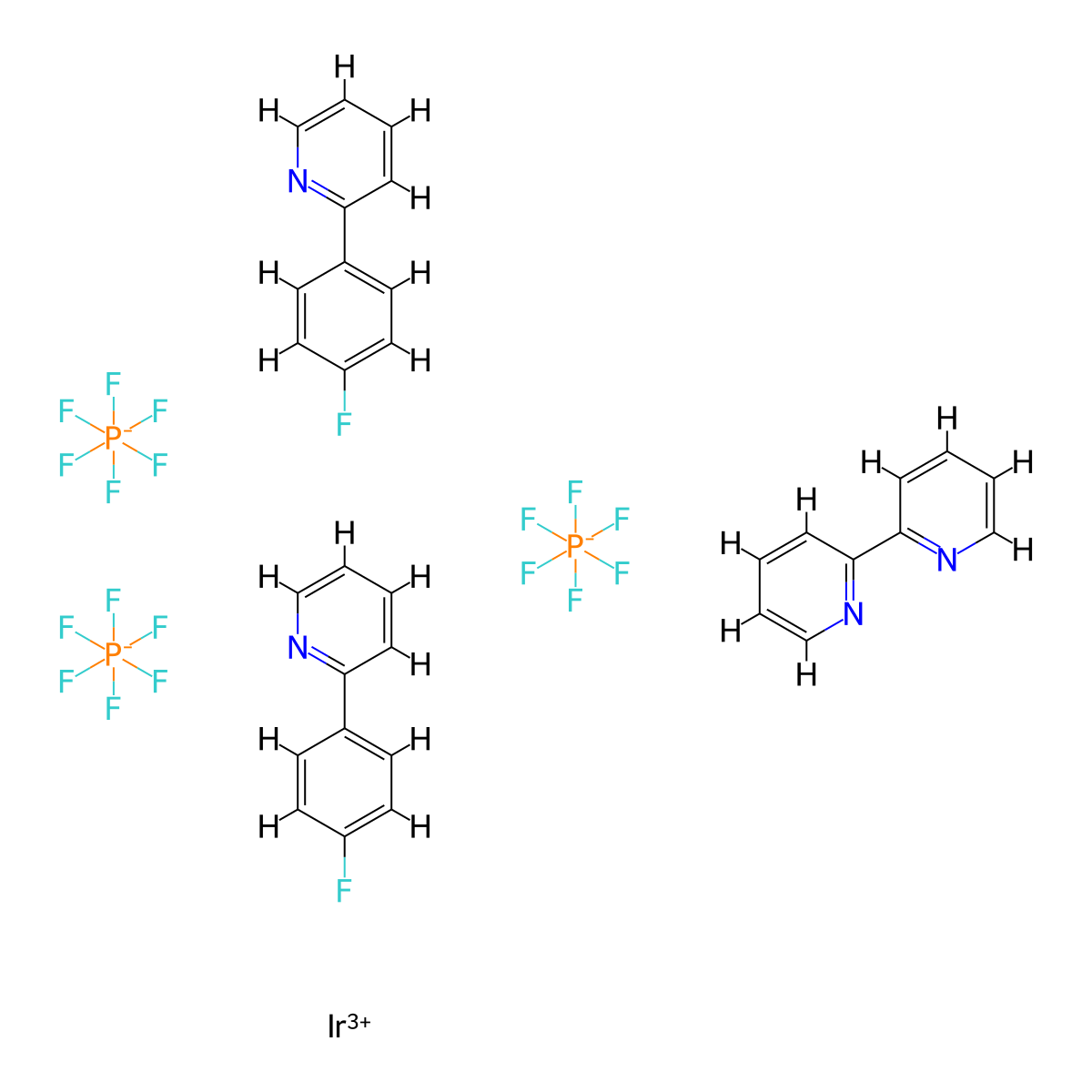 (2,2'-Bipyridyl)bis[2-(4-fluorophenyl)pyridine]iridium(III) hexafluorophosphate , [Ir(p-Fppy)2(bpy)]PF6 molecular structure, CAS 1580547-45-0