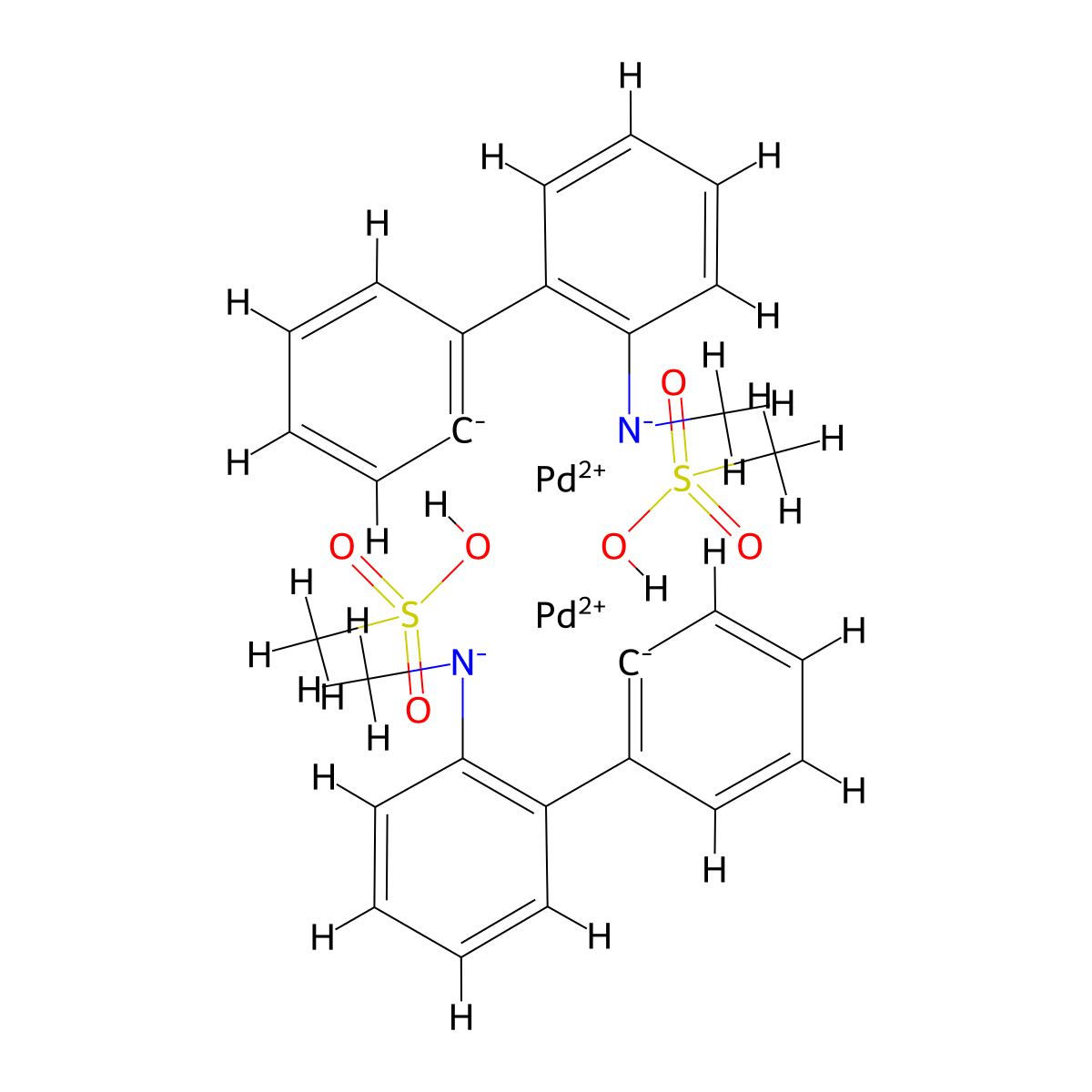 (2'-Methylamino-1,1'-biphenyl-2-yl)methanesulfonatopalladium(II) dimer molecular structure, CAS 1581285-85-9