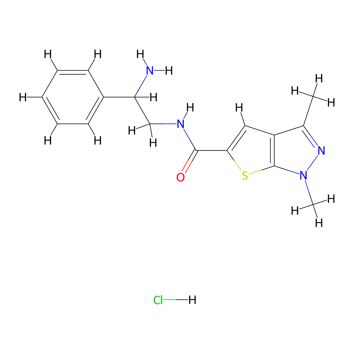 N-(2-amino-2-phenylethyl)-1,3-dimethyl-1H-thieno[2,3-c]pyrazole-5-carboxamide hydrochloride molecular structure, CAS 1581764-45-5