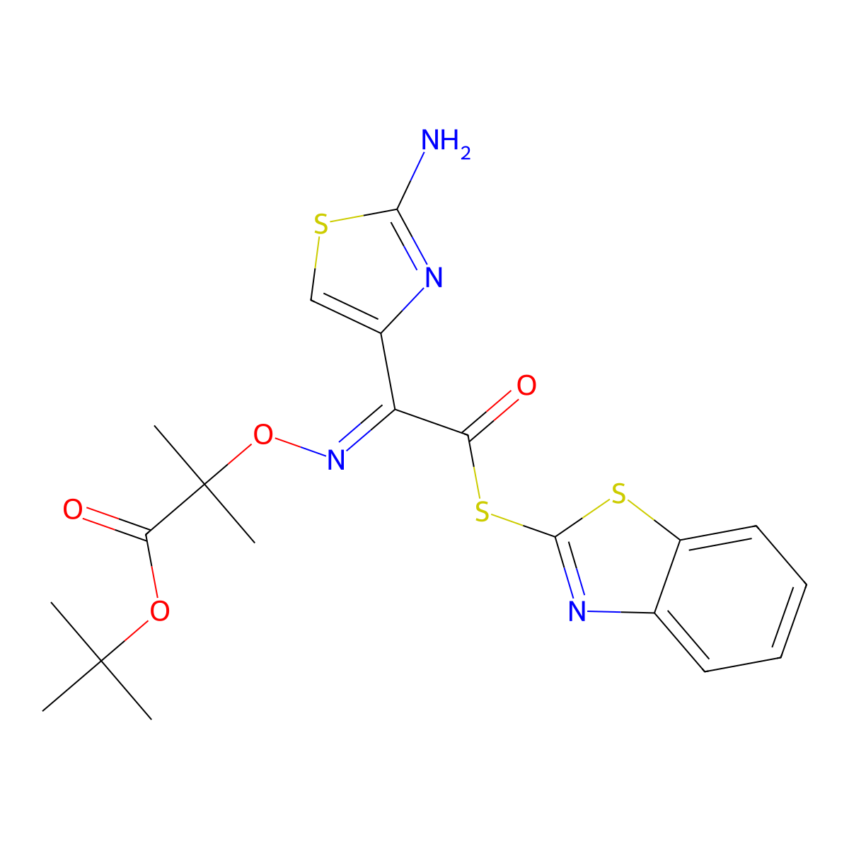 tert-Butyl 2-(((1-(2-aminothiazol-4-yl)-2-(benzo[d]thiazol-2-ylthio)-2-oxoethylidene)amino)oxy)-2-methylpropanoate molecular structure, CAS 158183-05-2
