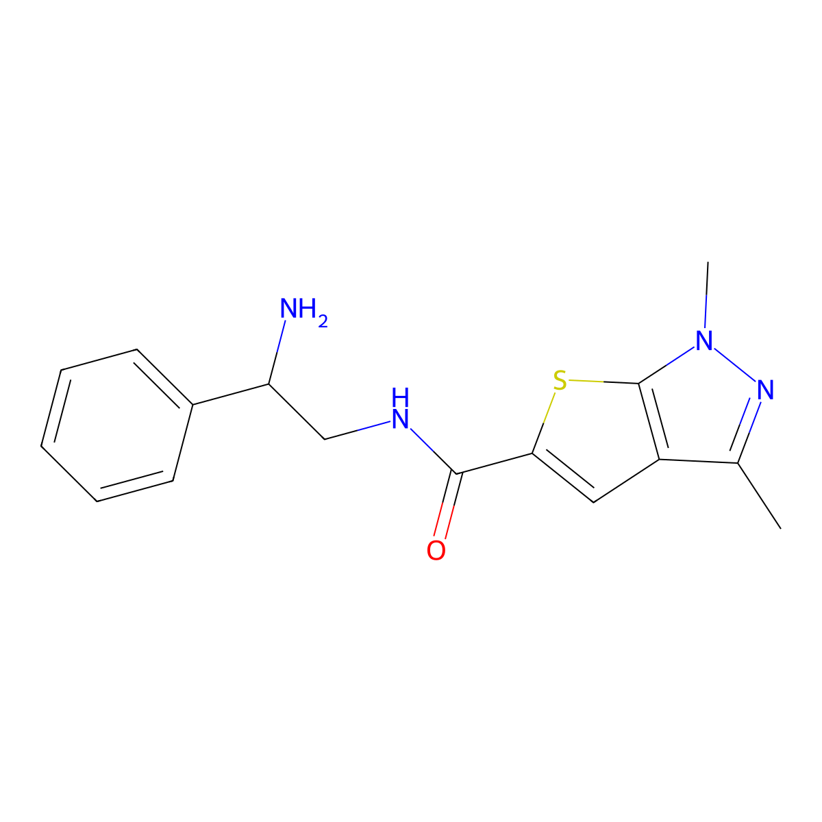 N-(2-amino-2-phenylethyl)-1,3-dimethyl-1H-thieno[2,3-c]pyrazole-5-carboxamide molecular structure, CAS 1582063-96-4