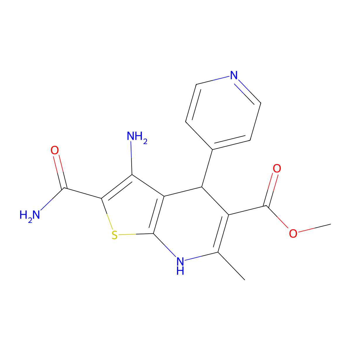 Methyl 3-amino-2-carbamoyl-6-methyl-4-pyridin-4-yl-4,7-dihydrothieno[2,3-b]pyridine-5-carboxylate molecular structure, CAS 158228-03-6