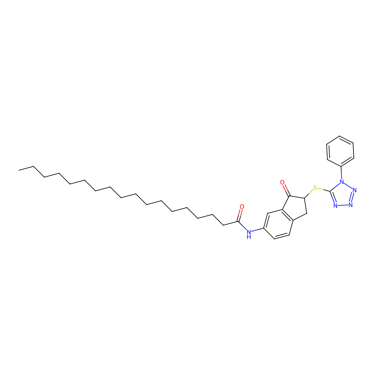 N-(3-Oxo-2((1-PH-1H-tetraazol-5-YL)thio)2,3-dihydro-1H-inden-5-YL)octadecanamide molecular structure, CAS 158235-84-8