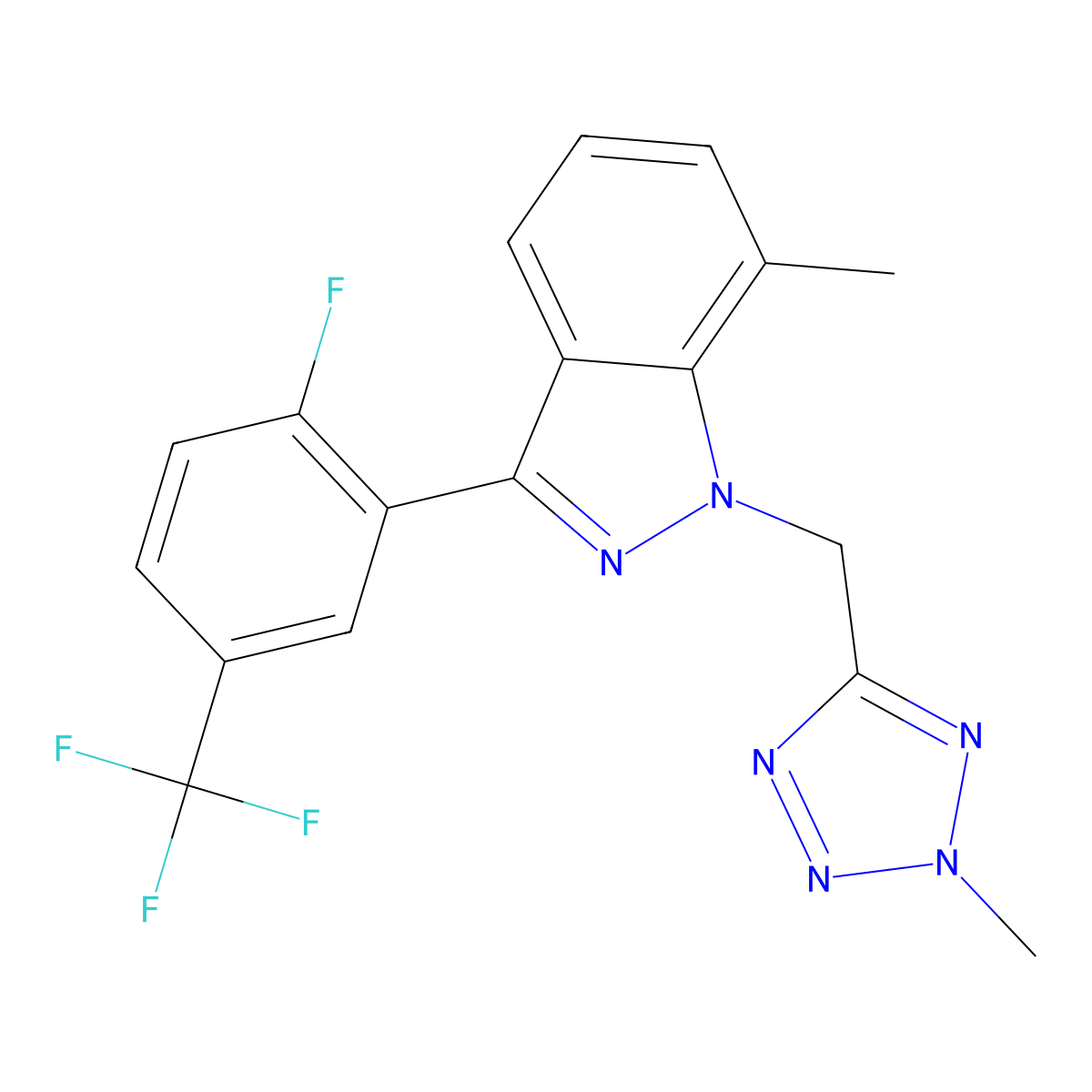 3-[2-Fluoro-5-(trifluoromethyl)phenyl]-7-methyl-1-[(2-methyl-2H-tetrazol-5-yl)methyl]-1H-indazole molecular structure, CAS 1585214-21-6