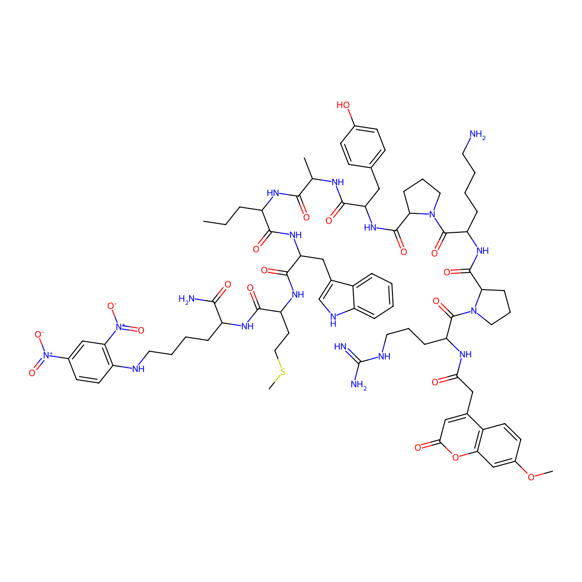 L-Lysinamide,N2-[(7-methoxy-2-oxo-2H-1-benzopyran-4-yl)acetyl]-L-arginyl-L-prolyl-L-lysyl-L-prolyl-L-tyrosyl-L-alanyl-L-norvalyl-L-tryptophyl-L-methionyl-N6-(2,4-dinitrophenyl)- molecular structure, CAS 158584-08-8