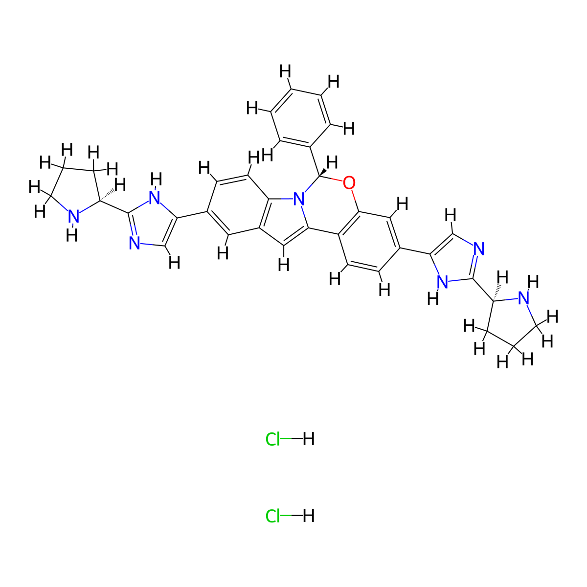(S)-6-phenyl-3,10-bis(2-((S)-pyrrolidin-2-yl)-1H-imidazol-5-yl)-6H-benzo[5,6][1,3]oxazino[3,4-a]indole dihydrochloride molecular structure, CAS 1585969-27-2