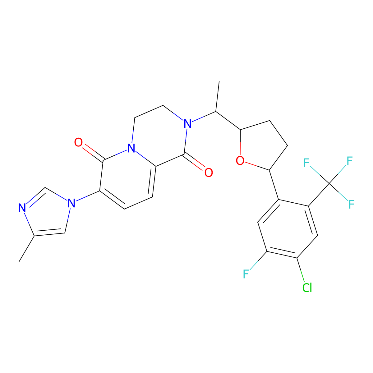 2-((S)-1-((2S,5R)-5-(4-chloro-5-fluoro-2-(trifluoromethyl)phenyl)tetrahydrofuran-2-yl)ethyl)-7-(4-methyl-1H-imidazol-1-yl)-3,4-dihydro-2H-pyrido[1,2-a]pyrazine-1,6-dione molecular structure, CAS 1587727-31-8