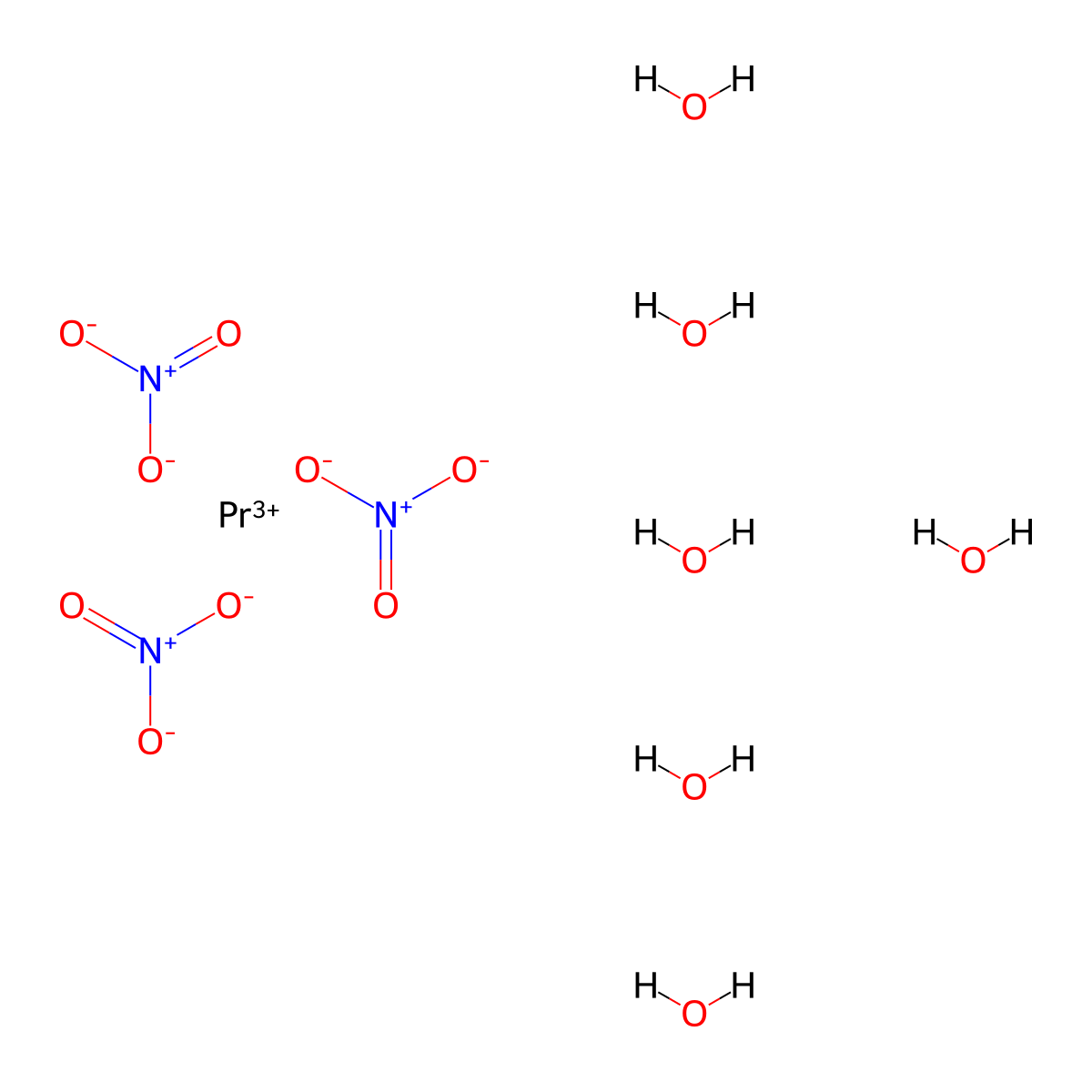 Praseodymium(III) nitrate hexahydrate molecular structure, CAS 15878-77-0