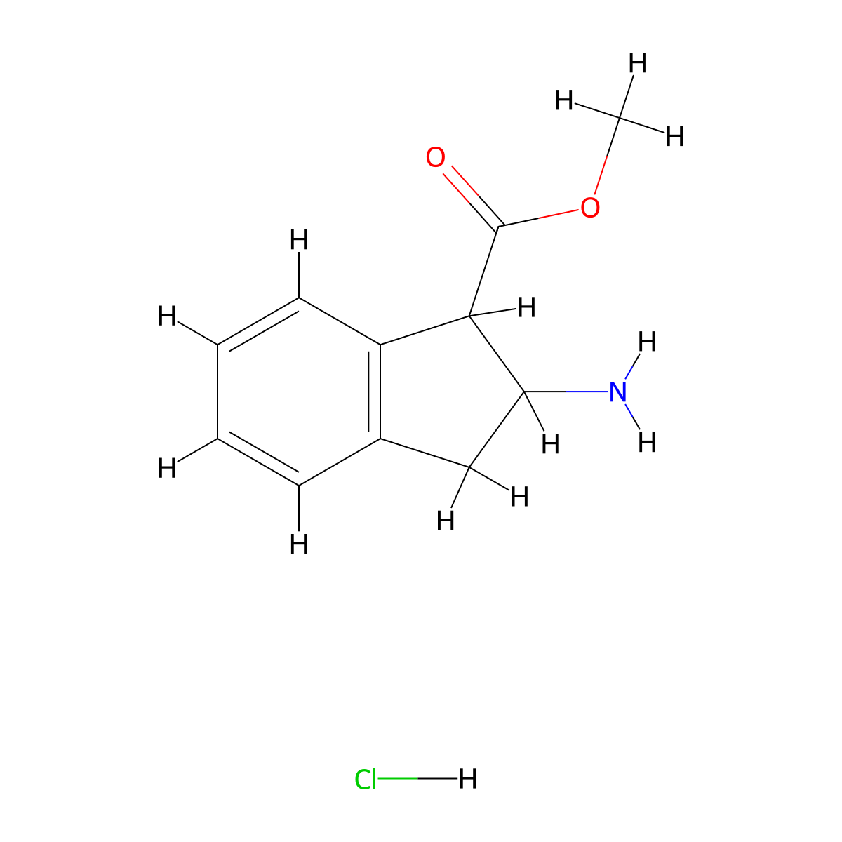 methyl 2-amino-2,3-dihydro-1H-indene-1-carboxylate hydrochloride molecular structure, CAS 158804-38-7