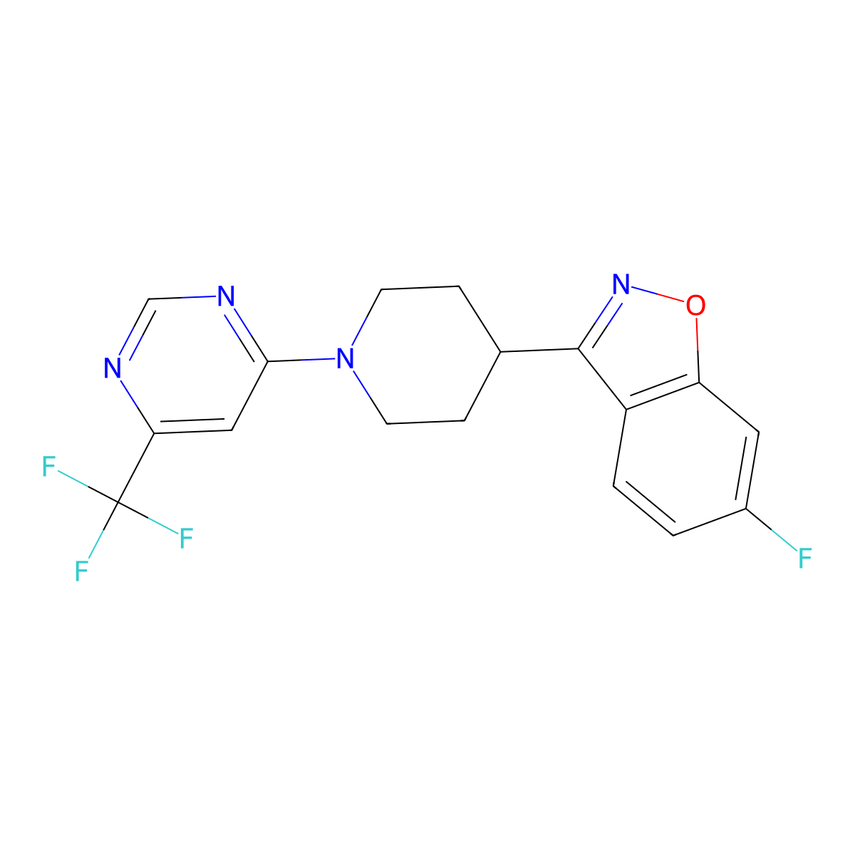 6-Fluoro-3-{1-[6-(trifluoromethyl)pyrimidin-4-yl]piperidin-4-yl}-1,2-benzoxazole molecular structure, CAS 1588771-19-0