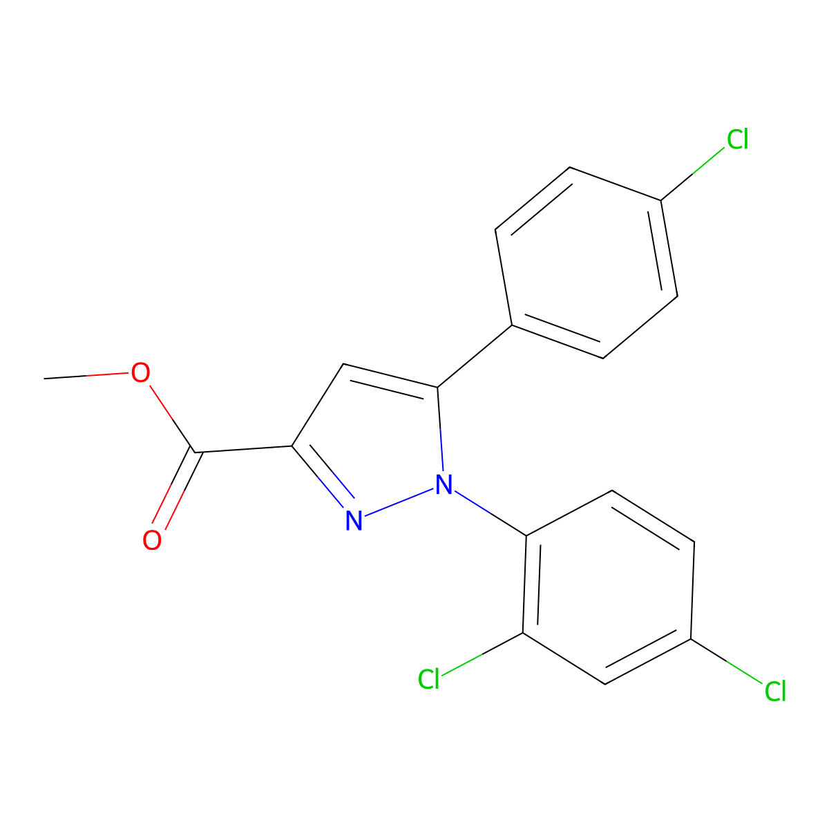 methyl 5-(4-chlorophenyl)-1-(2,4-dichlorophenyl)-1H-pyrazole-3-carboxylate molecular structure, CAS 158941-06-1
