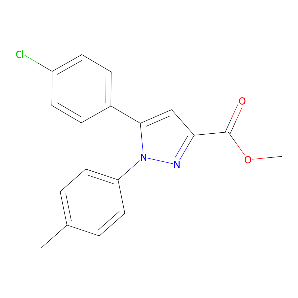 methyl 5-(4-chlorophenyl)-1-(4-methylphenyl)-1H-pyrazole-3-carboxylate molecular structure, CAS 158941-37-8