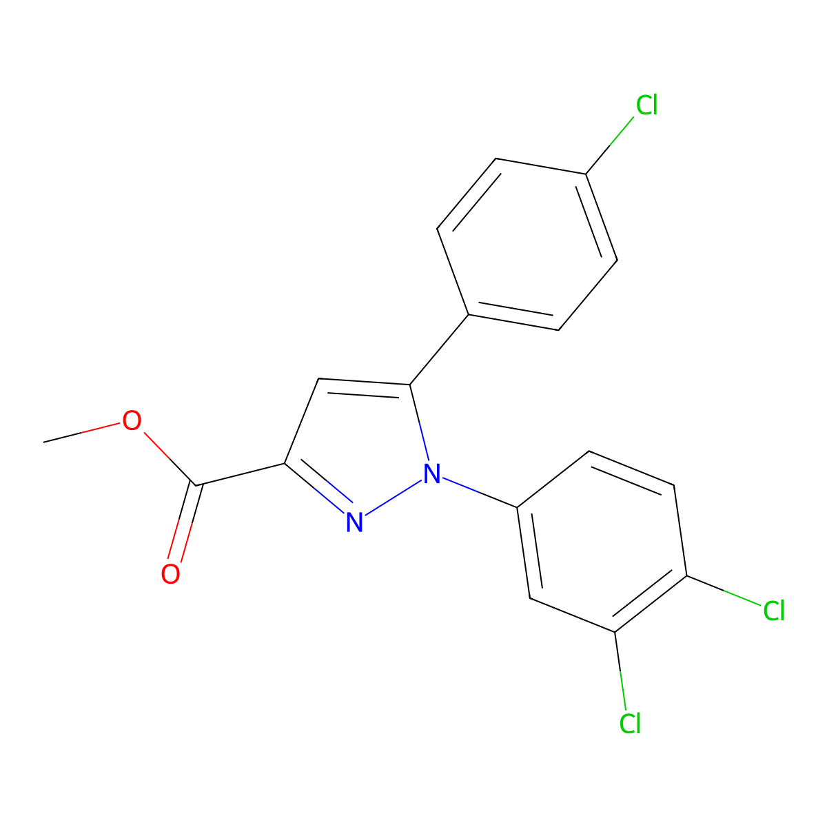 methyl 5-(4-chlorophenyl)-1-(3,4-dichlorophenyl)-1H-pyrazole-3-carboxylate molecular structure, CAS 158941-38-9