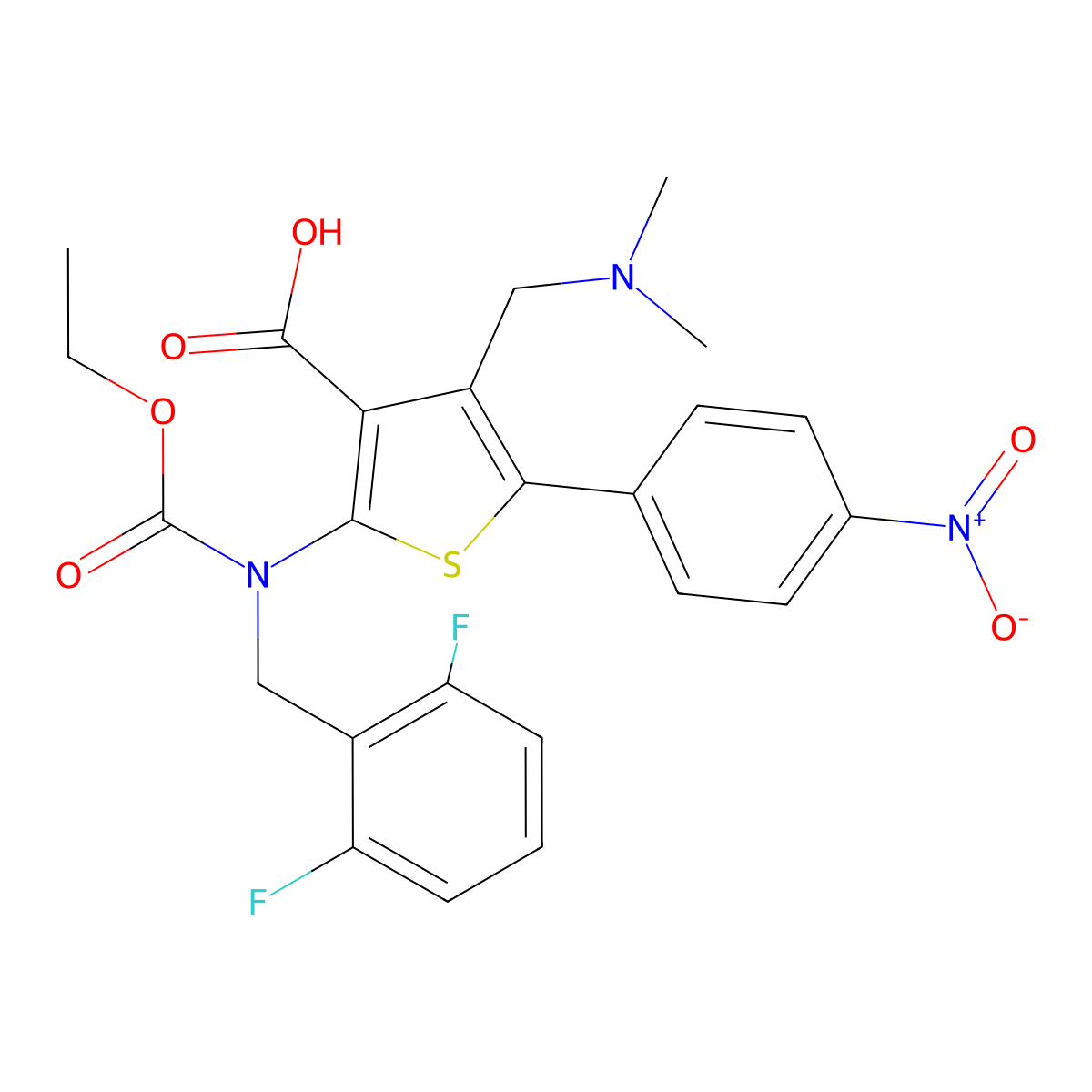 2-{[(2,6-Difluorophenyl)methyl](ethoxycarbonyl)amino}-4-[(dimethylamino)methyl]-5-(4-nitrophenyl)thiophene-3-carboxylic acid molecular structure, CAS 1589503-95-6