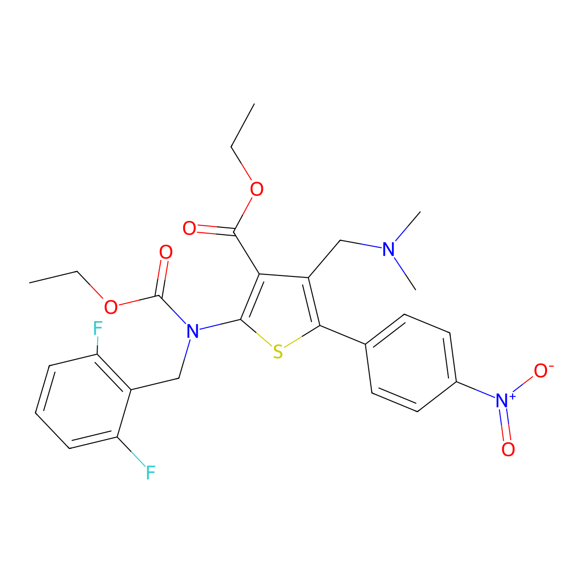 Ethyl 2-(((2,6-difluorophenyl)methyl)(ethoxycarbonyl)amino)-4-((dimethylamino)methyl)-5-(4-nitrophenyl)thiophene-3-carboxylate molecular structure, CAS 1589503-97-8