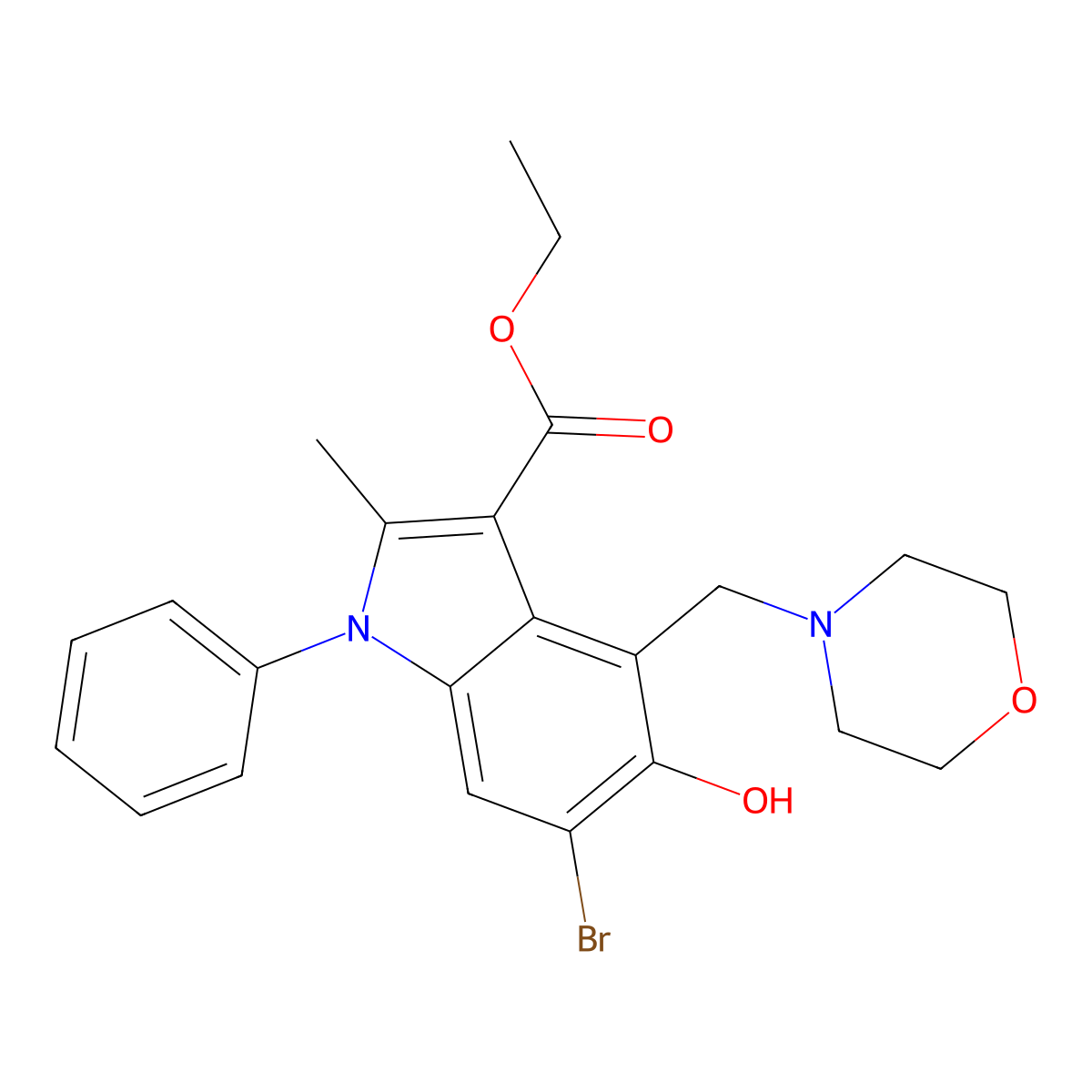 Ethyl 6-bromo-5-hydroxy-2-methyl-4-(morpholin-4-ylmethyl)-1-phenylindole-3-carboxylate molecular structure, CAS 159187-32-3
