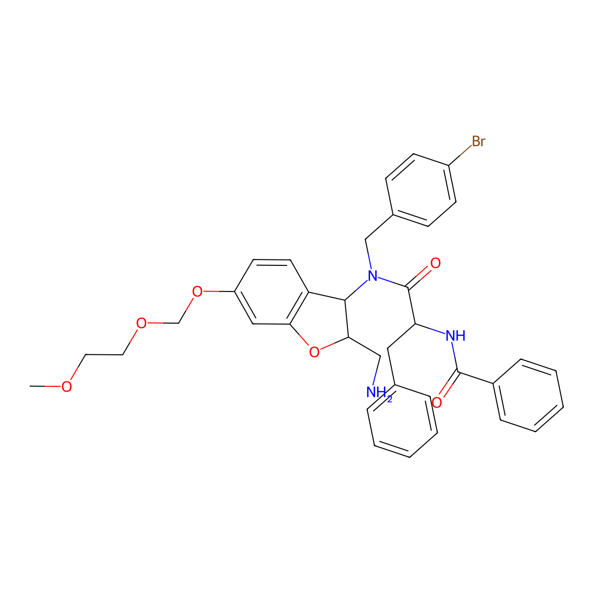 N-[(2S)-1-[[(2R,3S)-2-(aminomethyl)-6-(2-methoxyethoxymethoxy)-2,3-dihydro-1-benzofuran-3-yl]-[(4-bromophenyl)methyl]amino]-1-oxo-3-phenylpropan-2-yl]benzamide molecular structure, CAS 1592908-16-1
