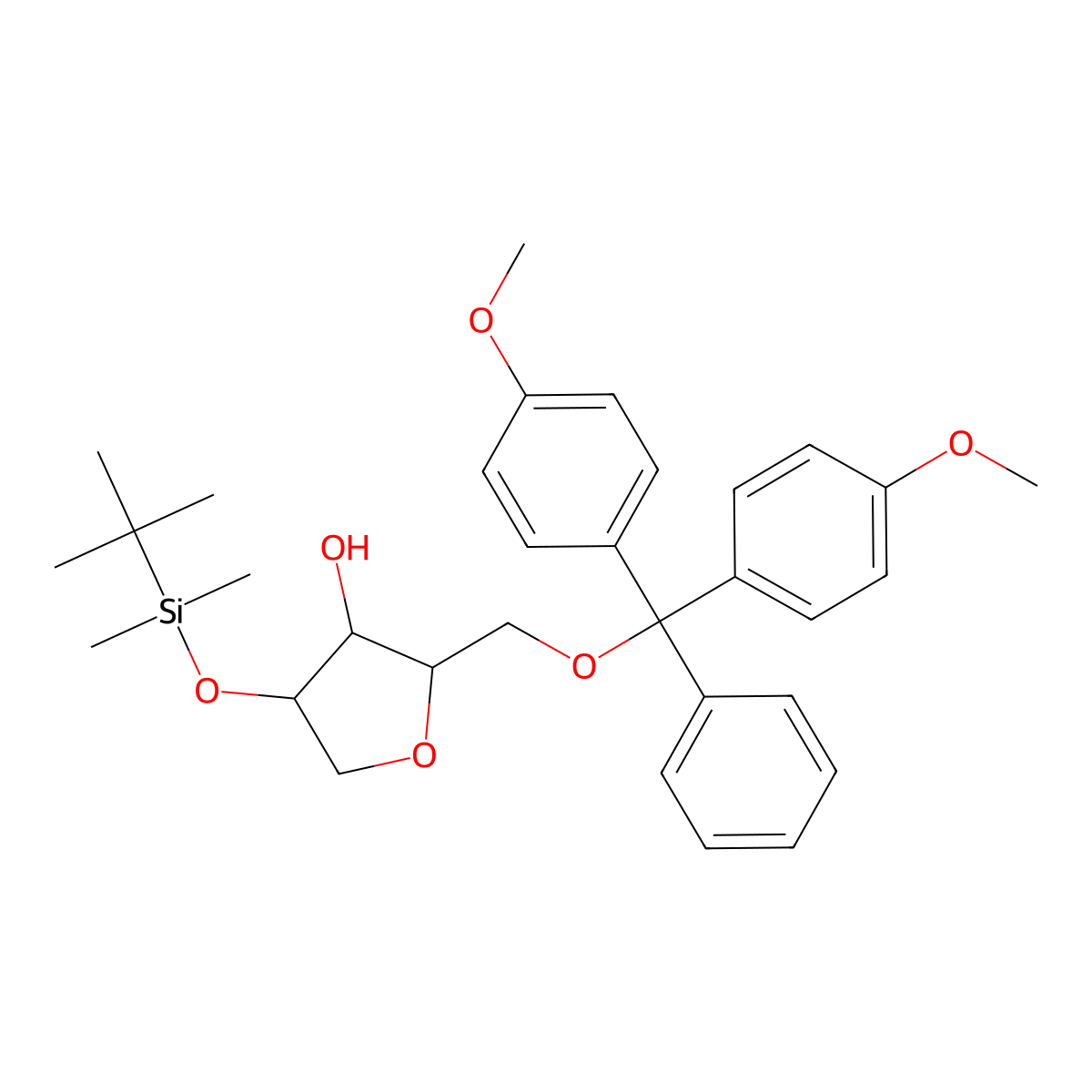 (2R,3R,4S)-2-((bis(4-methoxyphenyl)(phenyl)methoxy)methyl)-4-((tert-butyldimethylsilyl)oxy)tetrahydrofuran-3-ol molecular structure, CAS 159299-30-6