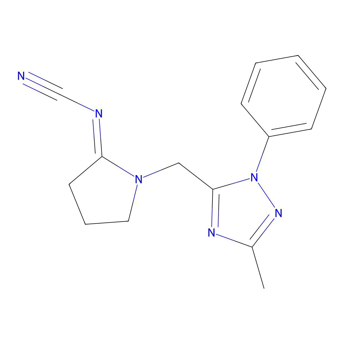 (1-((3-Methyl-1-phenyl-1H-1,2,4-triazol-5-yl)methyl)-2-pyrrolidinylidene)cyanamide molecular structure, CAS 159383-37-6