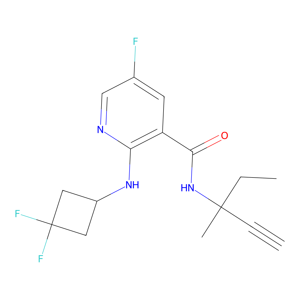 2-((3,3-difluorocyclobutyl)amino)-5-fluoro-N-(3-methylpent-1-yn-3-yl)pyridine-3-carboxamide molecular structure, CAS 1593886-16-8