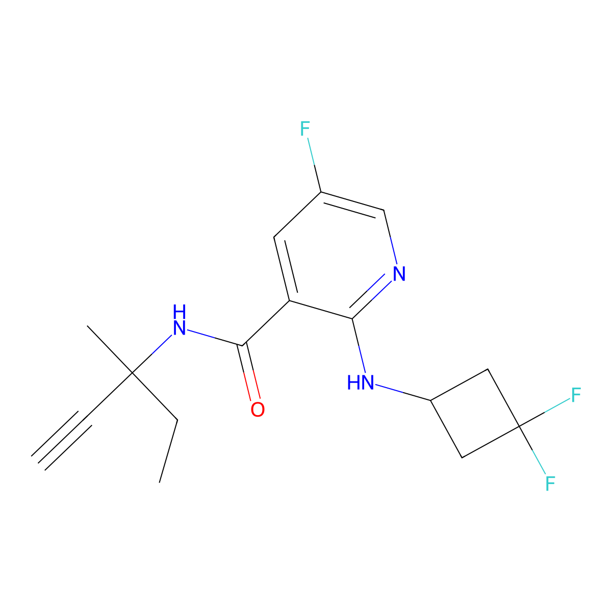 2-((3,3-difluorocyclobutyl)amino)-5-fluoro-N-(3-methylpent-1-yn-3-yl)pyridine-3-carboxamide molecular structure, CAS 1593886-16-8