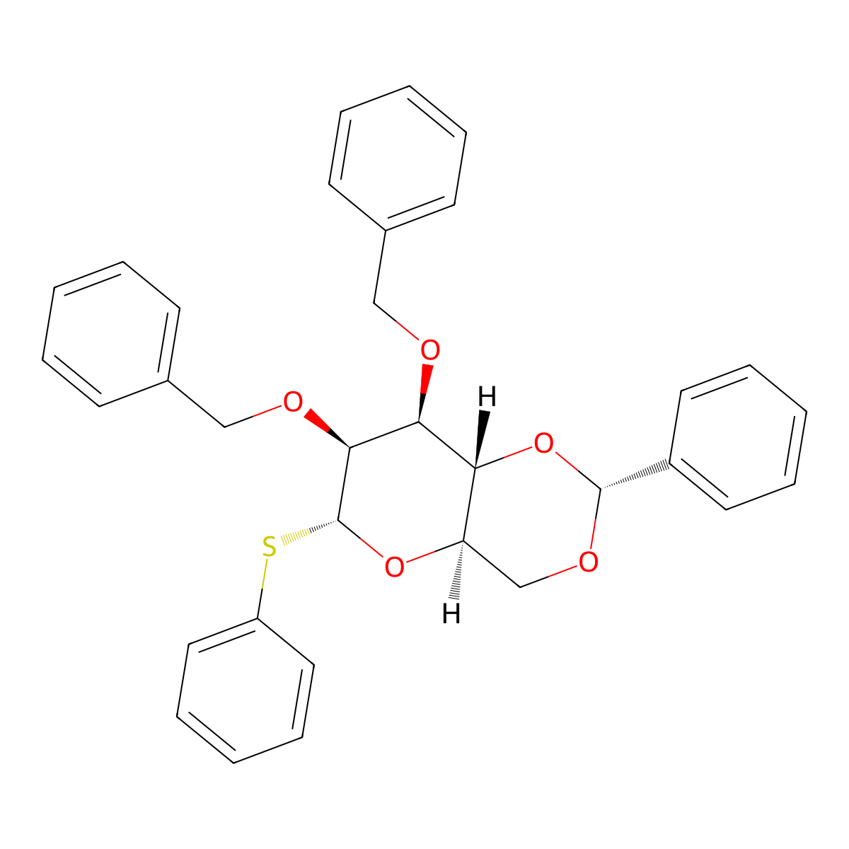 (2R,4AR,6R,7S,8S,8aR)-7,8-bis(benzyloxy)-2-phenyl-6-(phenylthio)hexahydropyrano[3,2-d][1,3]dioxine molecular structure, CAS 159407-17-7