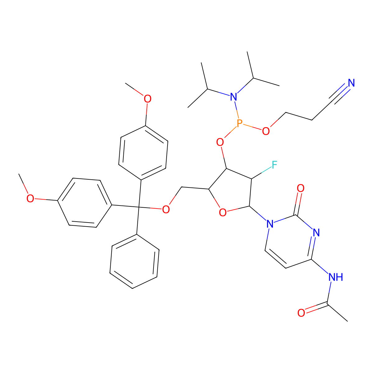 N-[1-[(2R,3R,4R,5R)-5-[[bis(4-methoxyphenyl)-phenylmethoxy]methyl]-4-[2-cyanoethoxy-[di(propan-2-yl)amino]phosphanyl]oxy-3-fluorooxolan-2-yl]-2-oxopyrimidin-4-yl]acetamide molecular structure, CAS 159414-99-0