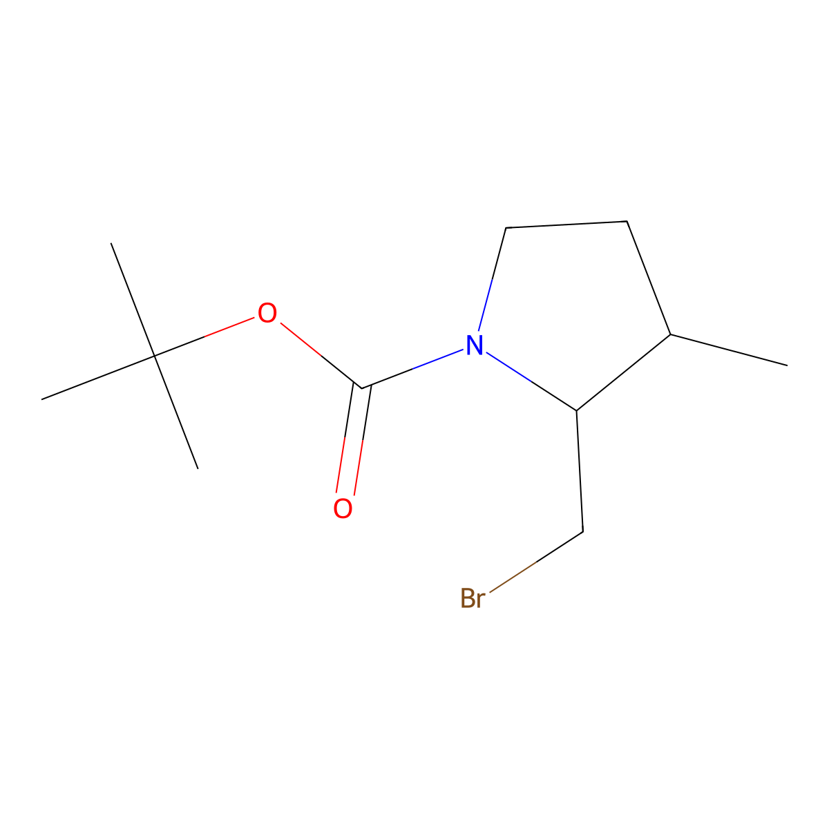 tert-butyl 2-(bromomethyl)-3-methylpyrrolidine-1-carboxylate, Mixture of diastereomers molecular structure, CAS 1594473-38-7