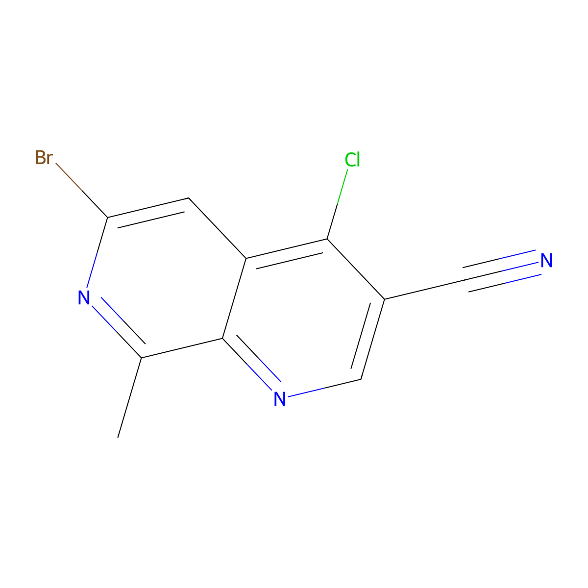 6-Bromo-4-chloro-8-methyl-1,7-naphthyridine-3-carbonitrile molecular structure, CAS 1594722-77-6