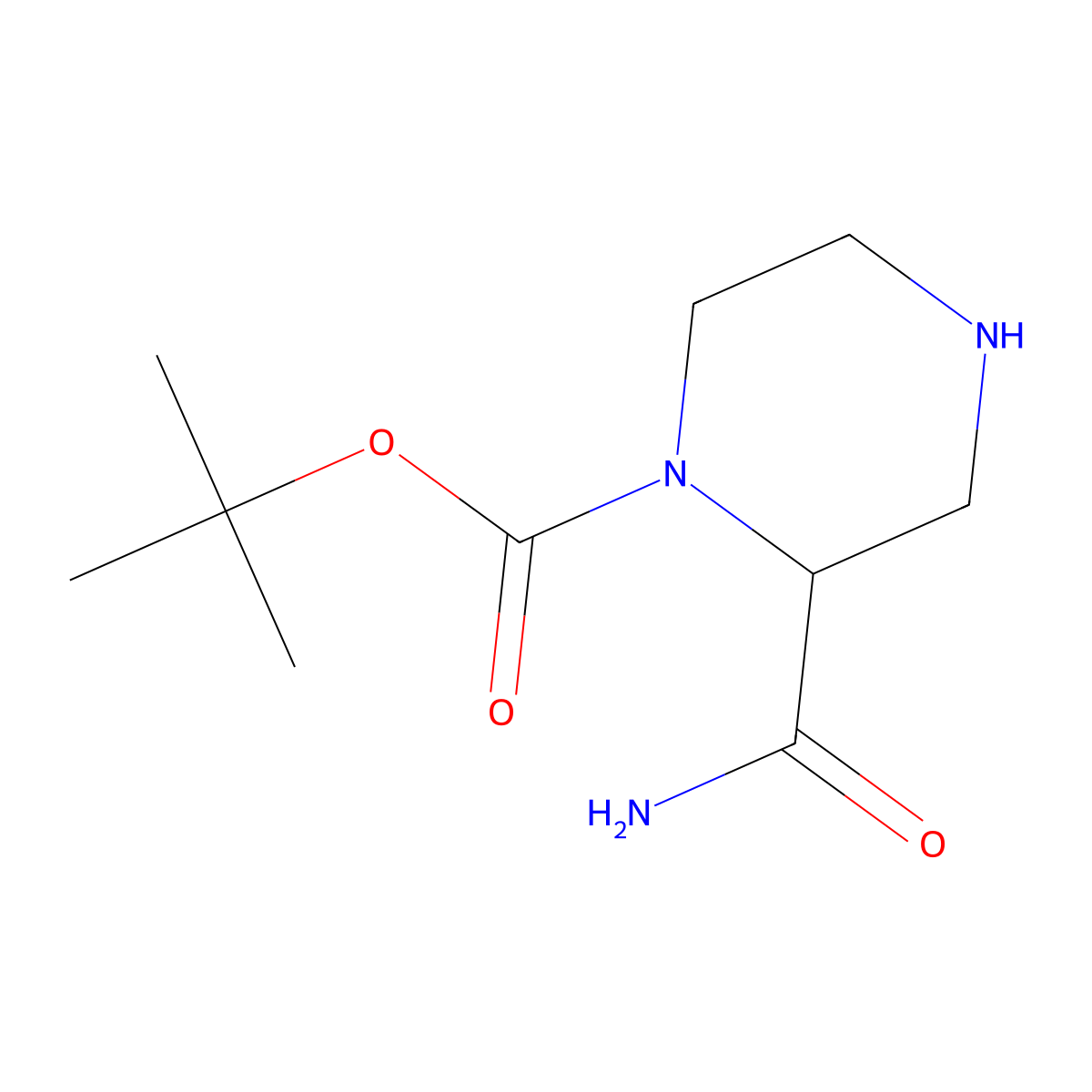 Tert-butyl 2-carbamoylpiperazine-1-carboxylate molecular structure, CAS 159485-28-6
