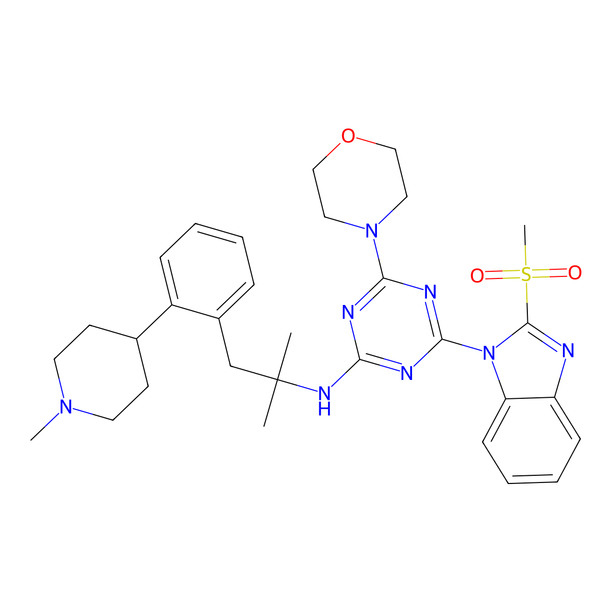 N-(2-Methyl-1-(2-(1-methylpiperidin-4-yl)phenyl)propan-2-yl)-4-(2-(methylsulfonyl)-1H-benzo[d]imidazol-1-yl)-6-morpholino-1,3,5-triazin-2-amine molecular structure, CAS 1595129-71-7