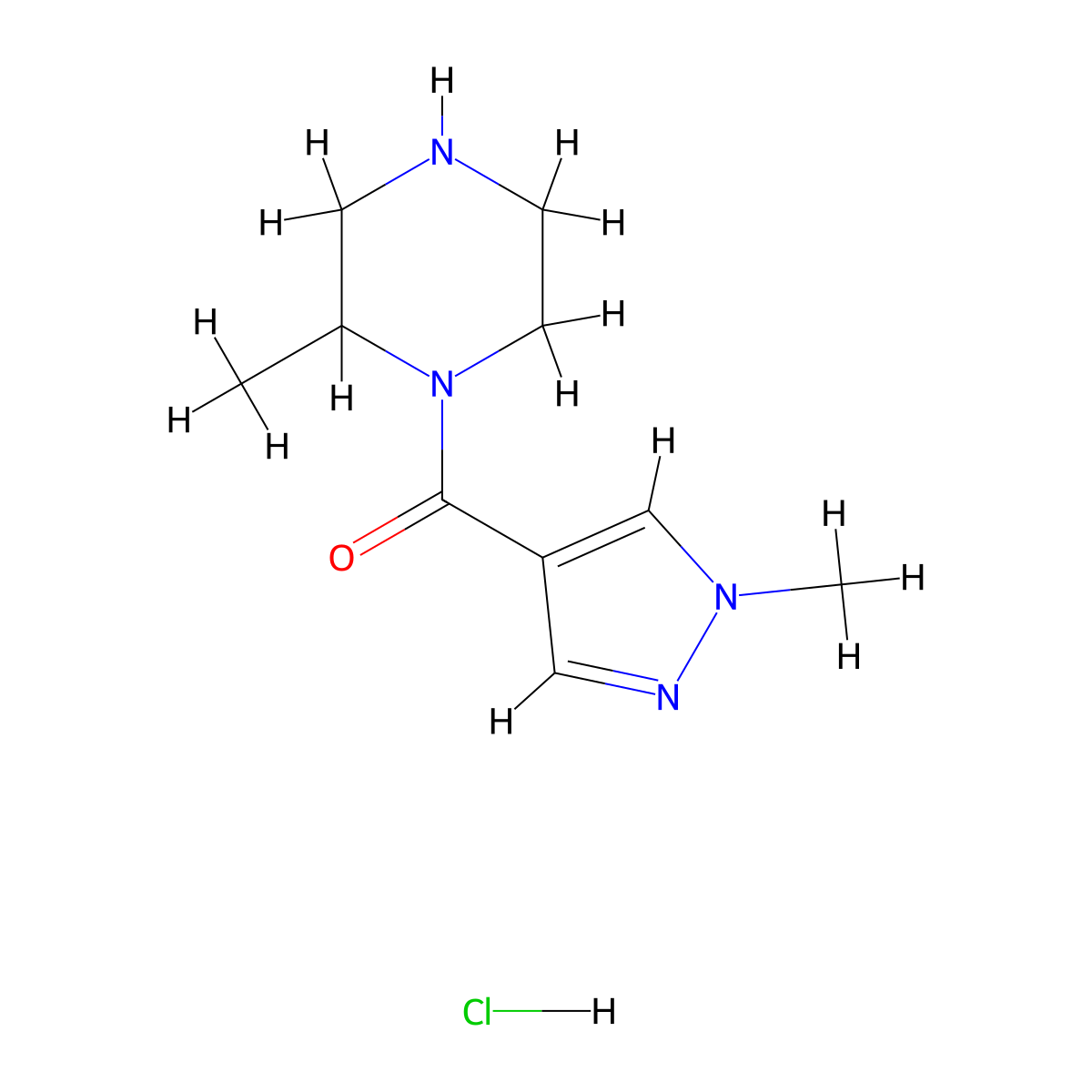 2-methyl-1-(1-methyl-1H-pyrazole-4-carbonyl)piperazine hydrochloride molecular structure, CAS 1595199-72-6