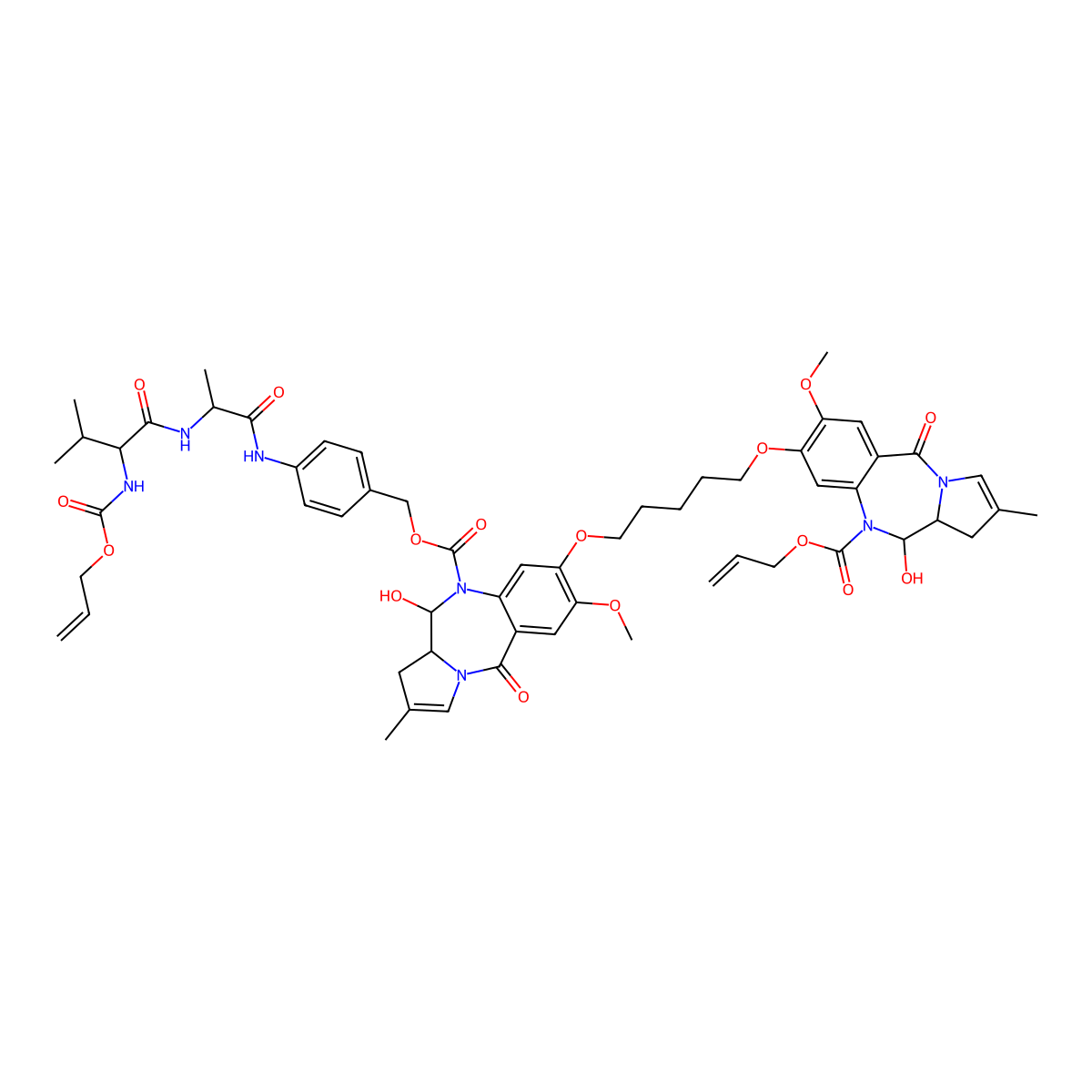 prop-2-enyl (6S,6aS)-3-[5-[[(6S,6aS)-6-hydroxy-2-methoxy-8-methyl-5-[[4-[[(2S)-2-[[(2S)-3-methyl-2-(prop-2-enoxycarbonylamino)butanoyl]amino]propanoyl]amino]phenyl]methoxycarbonyl]-11-oxo-6a,7-dihydro-6H-pyrrolo[2,1-c][1,4]benzodiazepin-3-yl]oxy]pentoxy]-6-hydroxy-2-methoxy-8-methyl-11-oxo-6a,7-dihydro-6H-pyrrolo[2,1-c][1,4]benzodiazepine-5-carboxylate molecular structure, CAS 1595275-60-7
