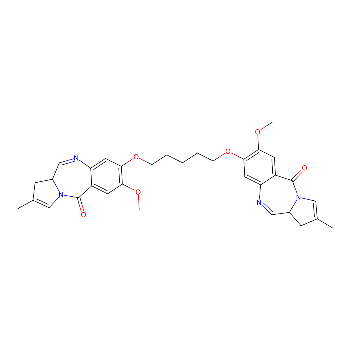 (11aS,11a'S)-8,8'-(Pentane-1,5-diylbis(oxy))bis(7-methoxy-2-methyl-1,11a-dihydro-5H-benzo[e]pyrrolo[1,2-a][1,4]diazepin-5-one) molecular structure, CAS 1595275-71-0