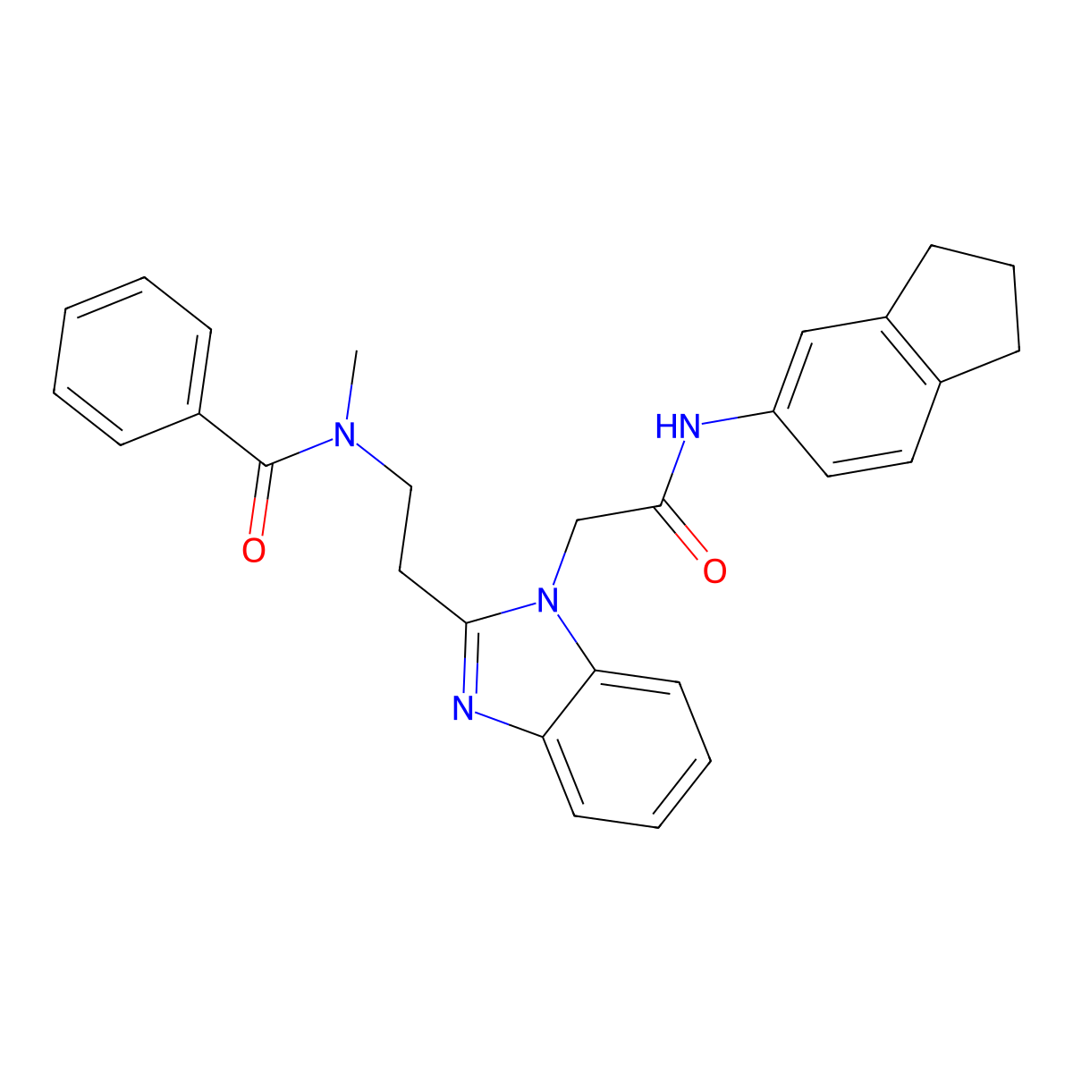 N-(2-(1-(2-((2,3-Dihydro-1H-inden-5-yl)amino)-2-oxoethyl)-1H-benzo[d]imidazol-2-yl)ethyl)-N-methylbenzamide molecular structure, CAS 1595278-21-9