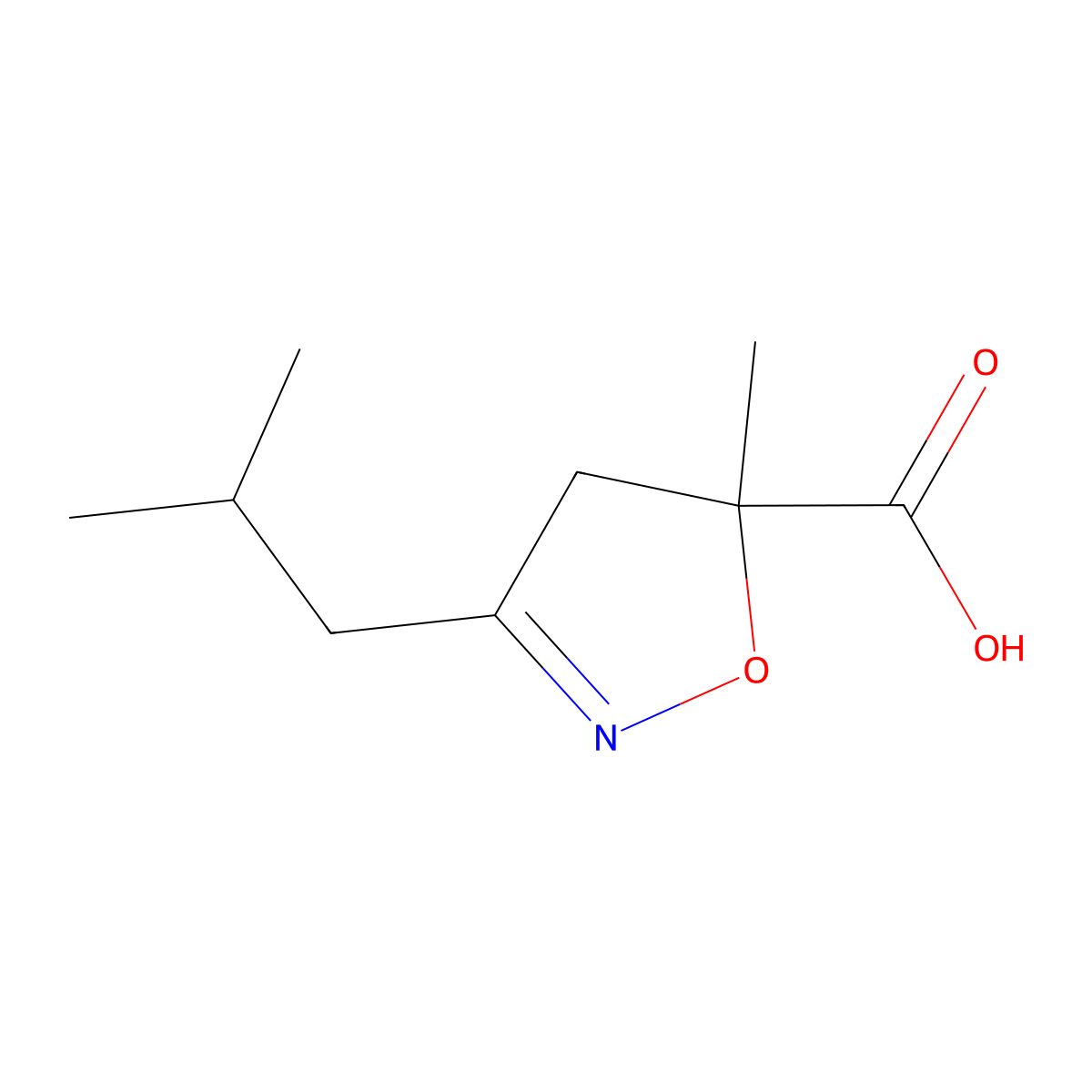 5-Methyl-3-(2-methylpropyl)-4,5-dihydro-1,2-oxazole-5-carboxylic acid molecular structure, CAS 1595855-23-4