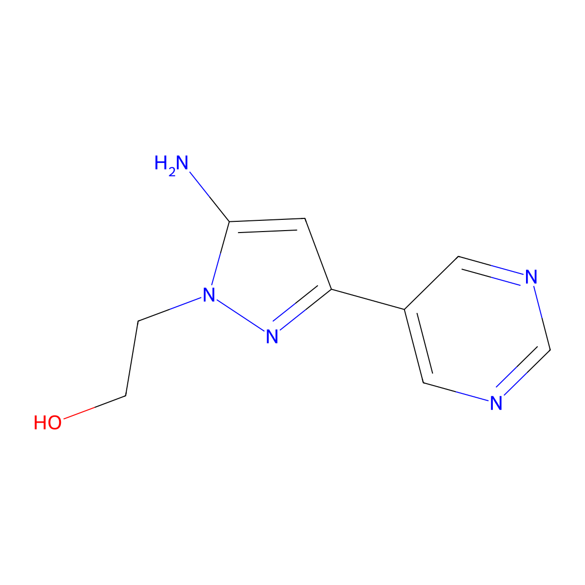 2-[5-amino-3-(pyrimidin-5-yl)-1H-pyrazol-1-yl]ethan-1-ol molecular structure, CAS 1596027-92-7