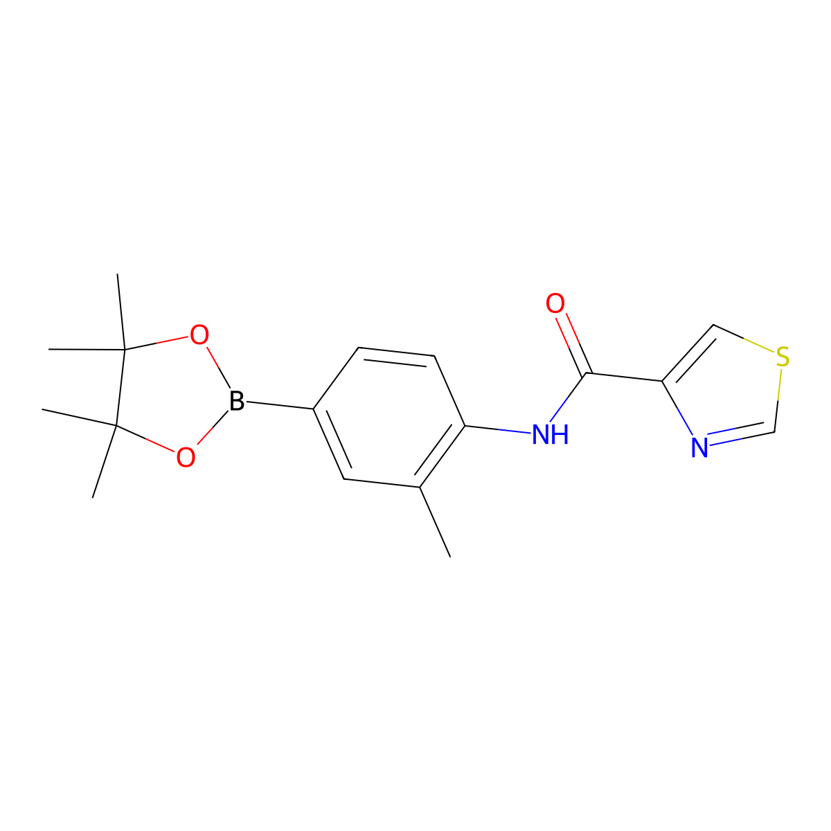 Thiazole-4-carboxylic acid [2-methyl-4-(4,4,5,5-tetramethyl-[1,3,2]dioxaborolan-2-yl)-phenyl]-amide molecular structure, CAS 1596338-75-8