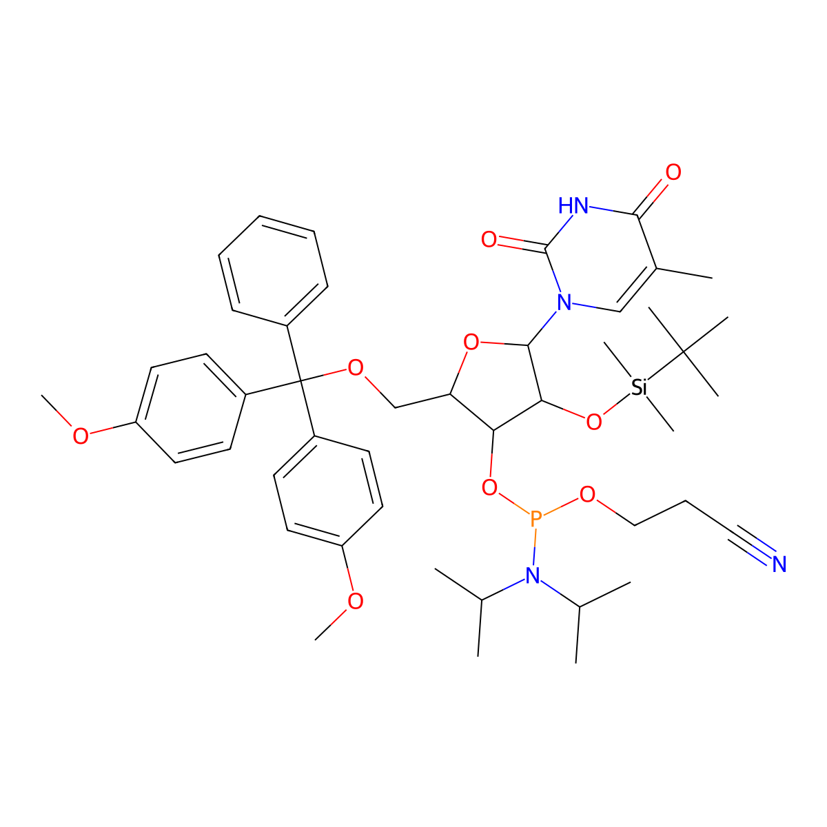 (2R,3R,4R,5R)-2-((Bis(4-methoxyphenyl)(phenyl)methoxy)methyl)-4-((tert-butyldimethylsilyl)oxy)-5-(5-methyl-2,4-dioxo-3,4-dihydropyrimidin-1(2H)-yl)tetrahydrofuran-3-yl (2-cyanoethyl) diisopropylphosphoramidite molecular structure, CAS 159639-78-8