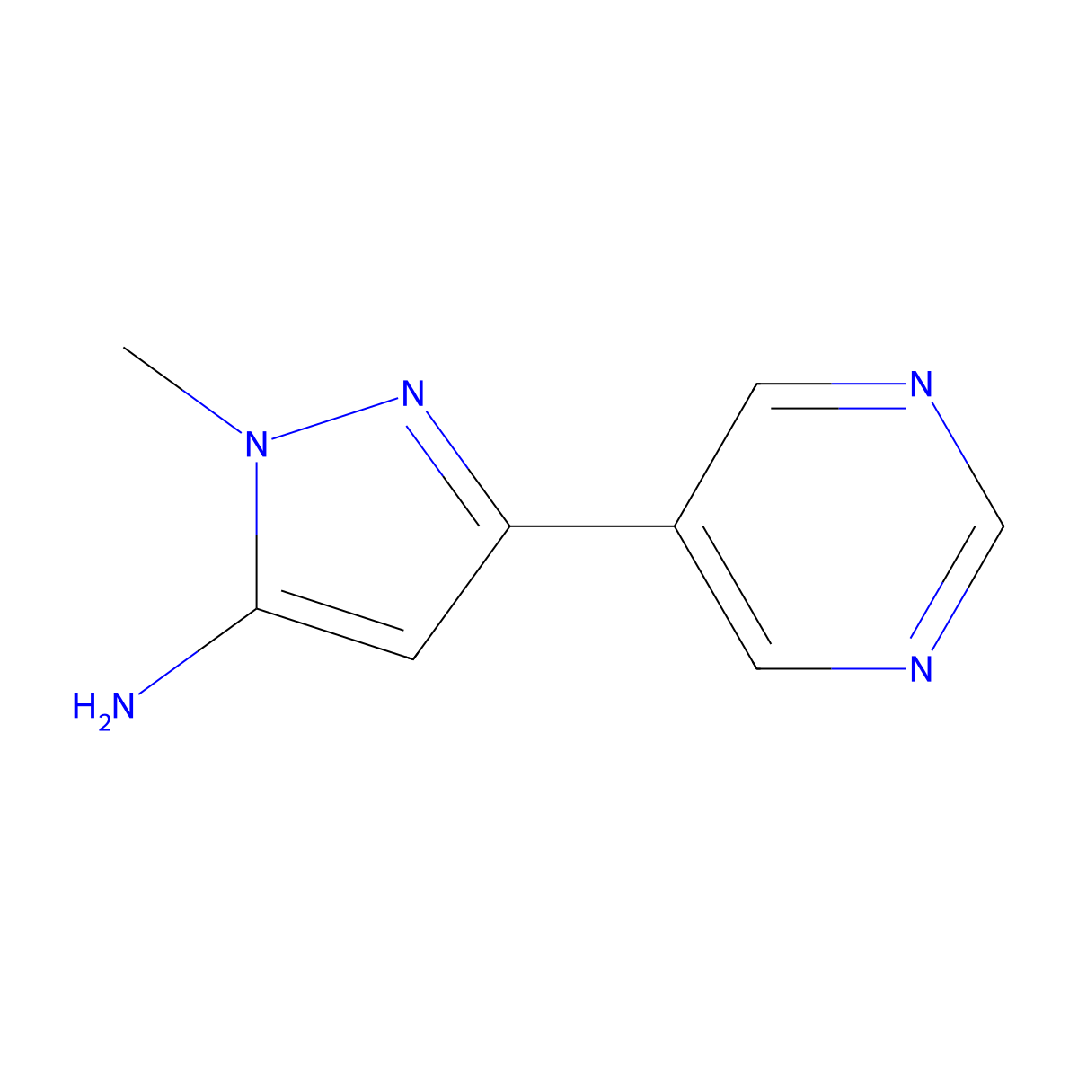 1-Methyl-3-(pyrimidin-5-yl)-1H-pyrazol-5-amine molecular structure, CAS 1596767-74-6