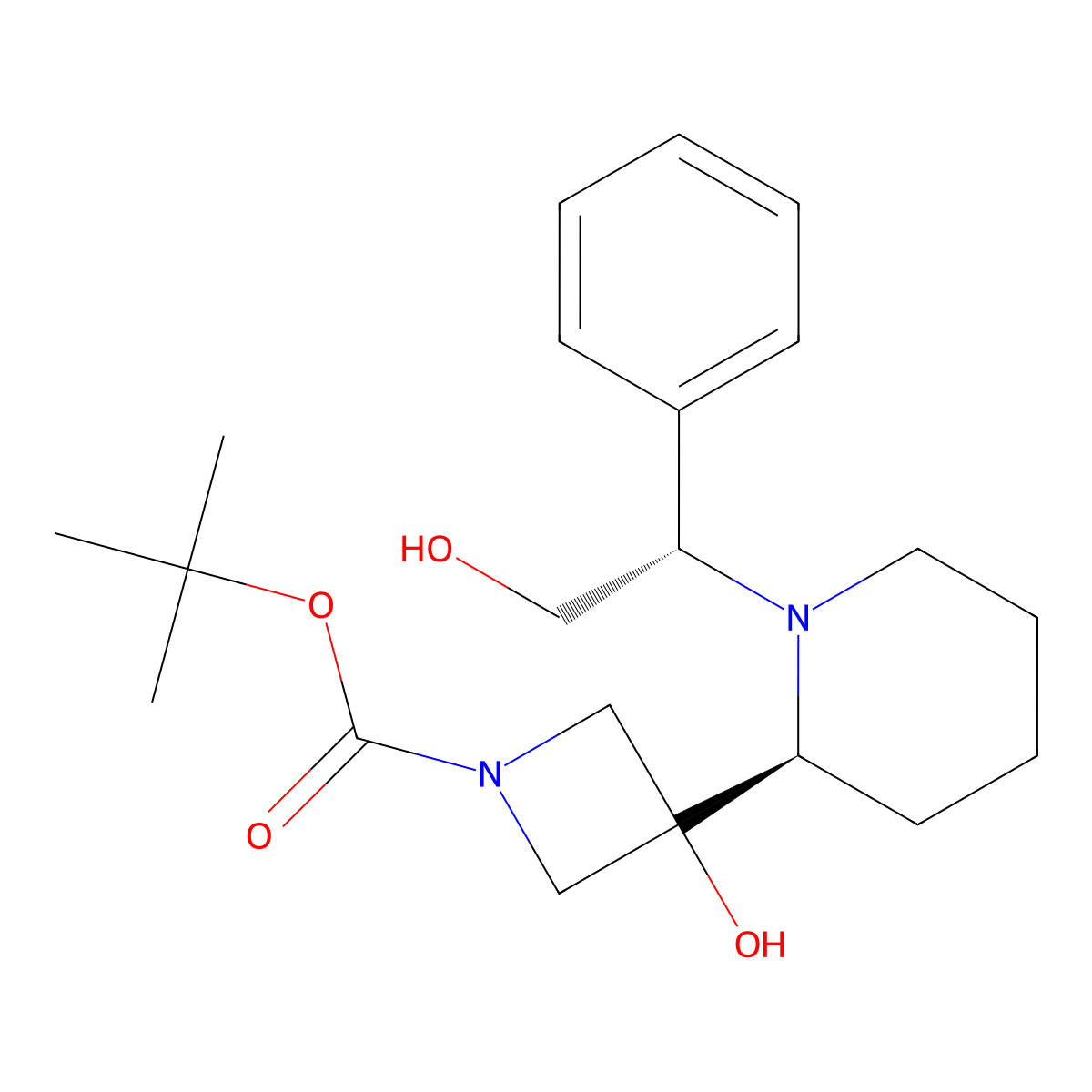 Tert-butyl 3-hydroxy-3-((S)-1-((S)-2-hydroxy-1-phenylethyl)piperidin-2-YL)azetidine-1-carboxylate molecular structure, CAS 1597407-56-1