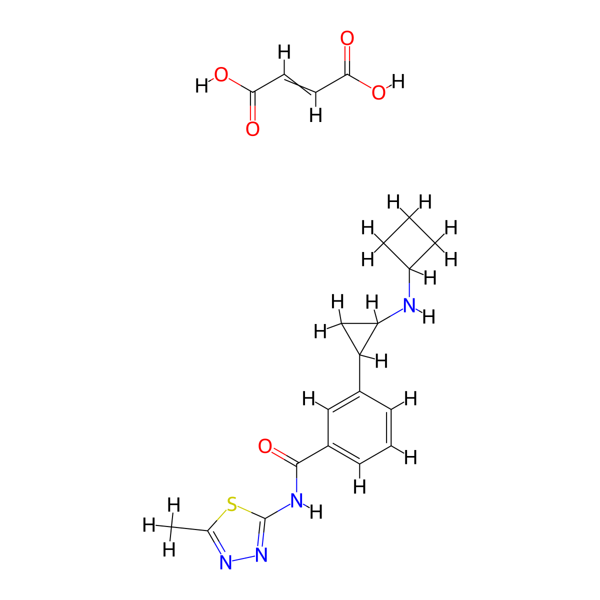 but-2-enedioic acid;3-[2-(cyclobutylamino)cyclopropyl]-N-(5-methyl-1,3,4-thiadiazol-2-yl)benzamide molecular structure, CAS 1597426-53-3