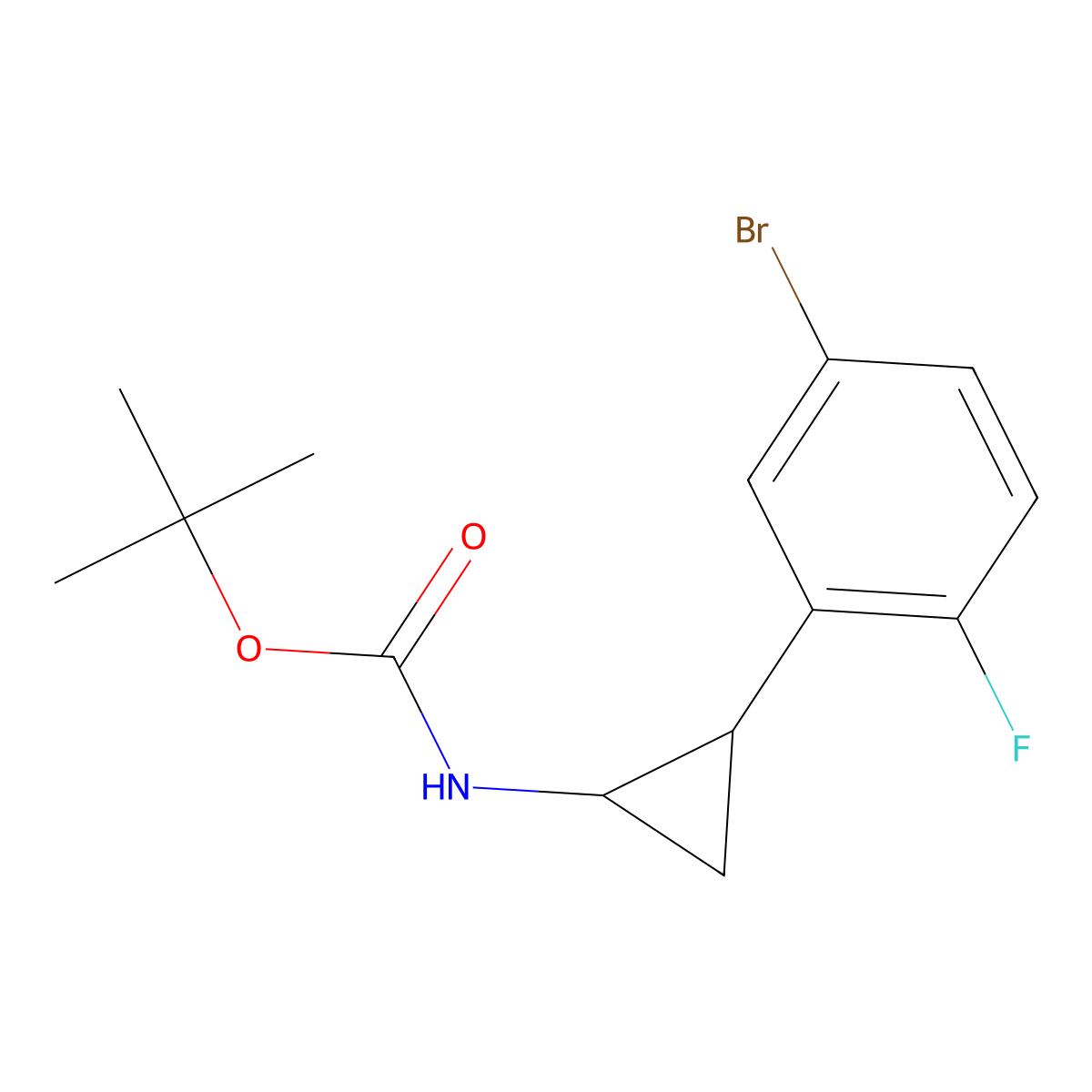 rac-tert-butyl N-[(1R,2S)-2-(5-bromo-2-fluorophenyl)cyclopropyl]carbamate molecular structure, CAS 1597427-58-1