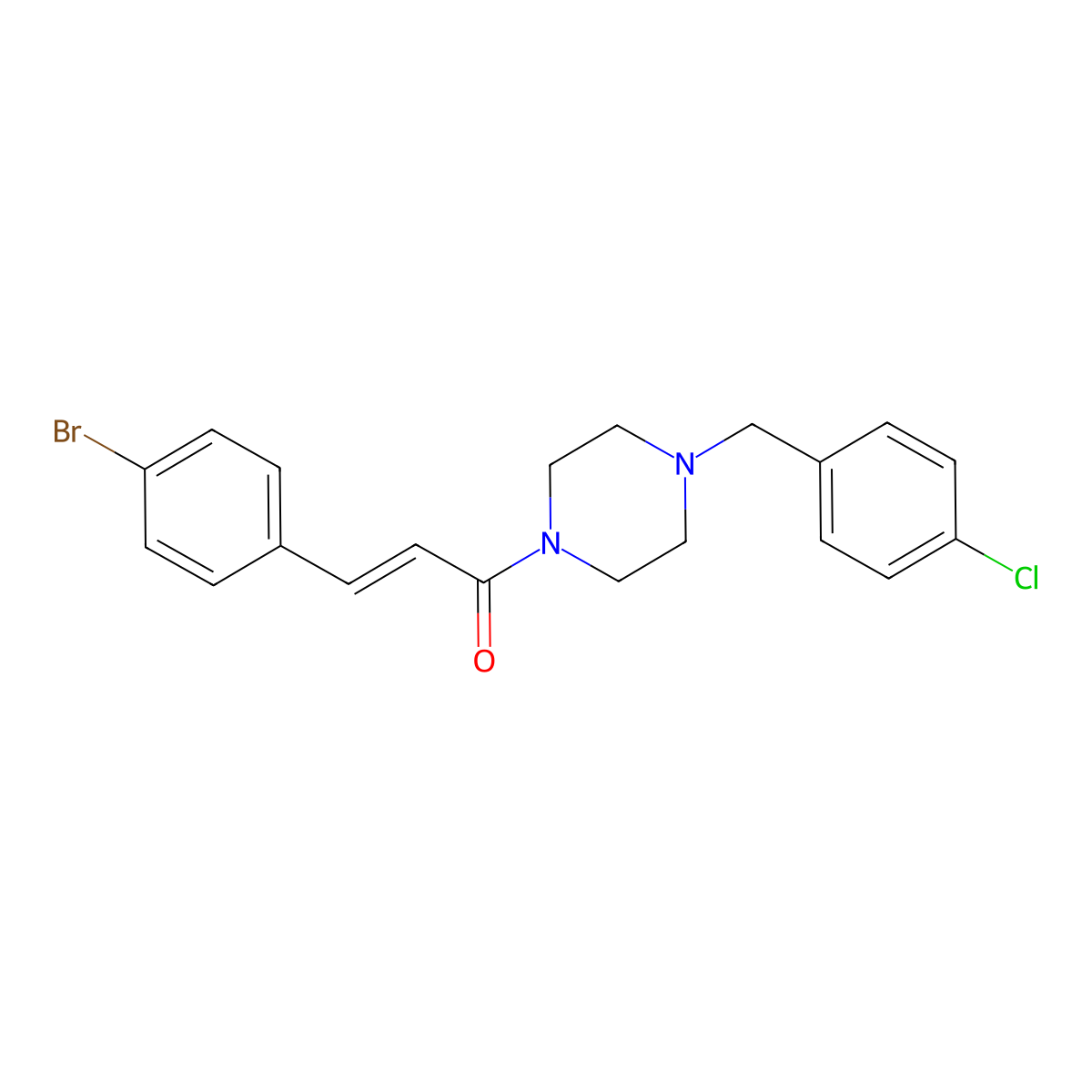 (E)-3-(4-bromophenyl)-1-[4-[(4-chlorophenyl)methyl]piperazin-1-yl]prop-2-en-1-one molecular structure, CAS 1597489-14-9
