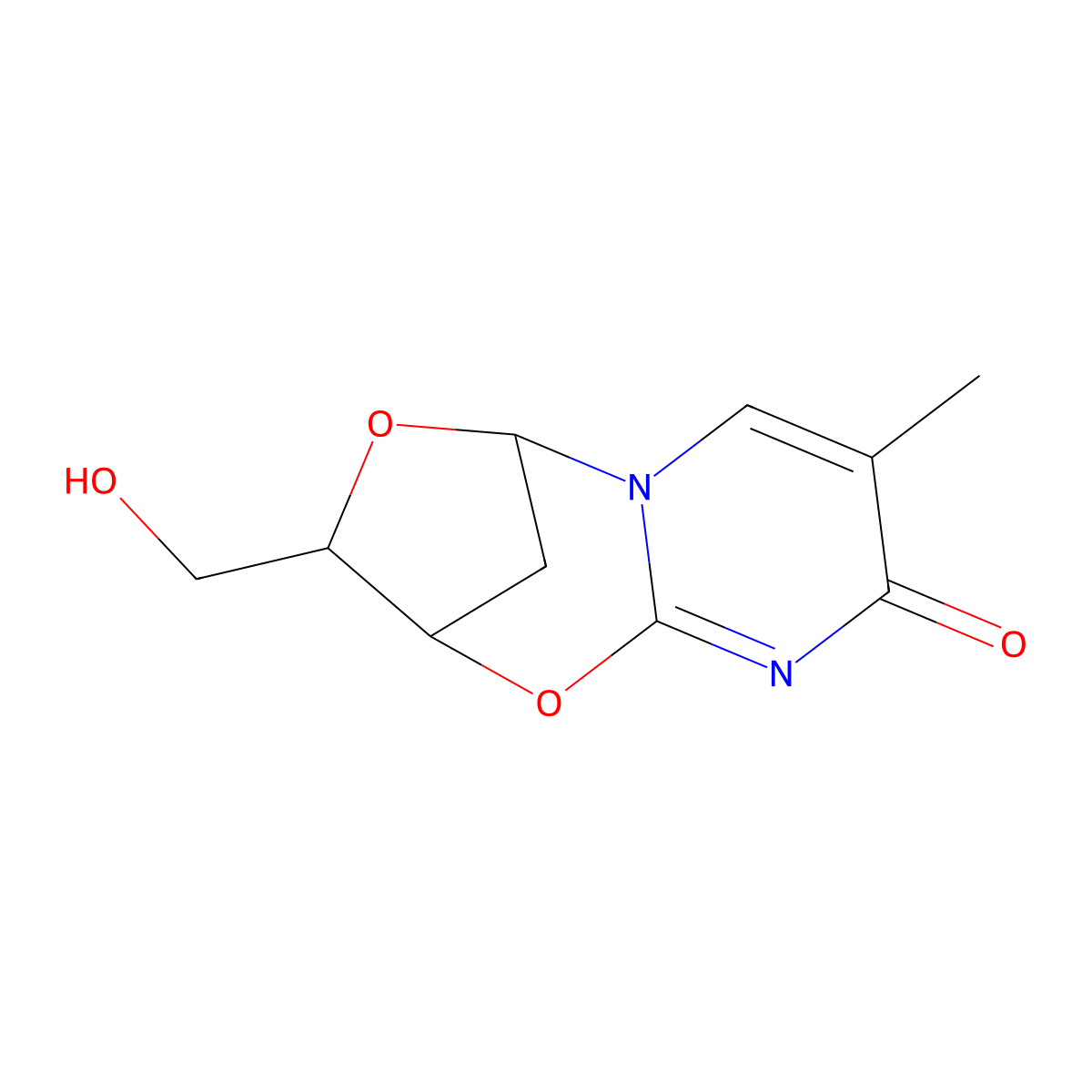 2,5-Methano-5H,9H-pyrimido(2,1-b)(1,5,3)dioxazepin-9-one, 2,3-dihydro-3-(hydroxymethyl)-8-methyl-, (2R,3R,5R)- molecular structure, CAS 15981-92-7