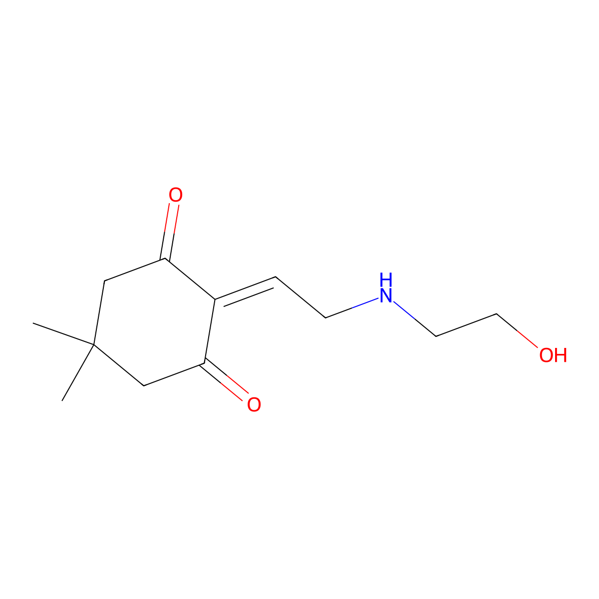 2-[(4,4-Dimethyl-2,6-dioxocyclohex-1-ylidene)ethyl-amino]-ethanol molecular structure, CAS 159821-68-8